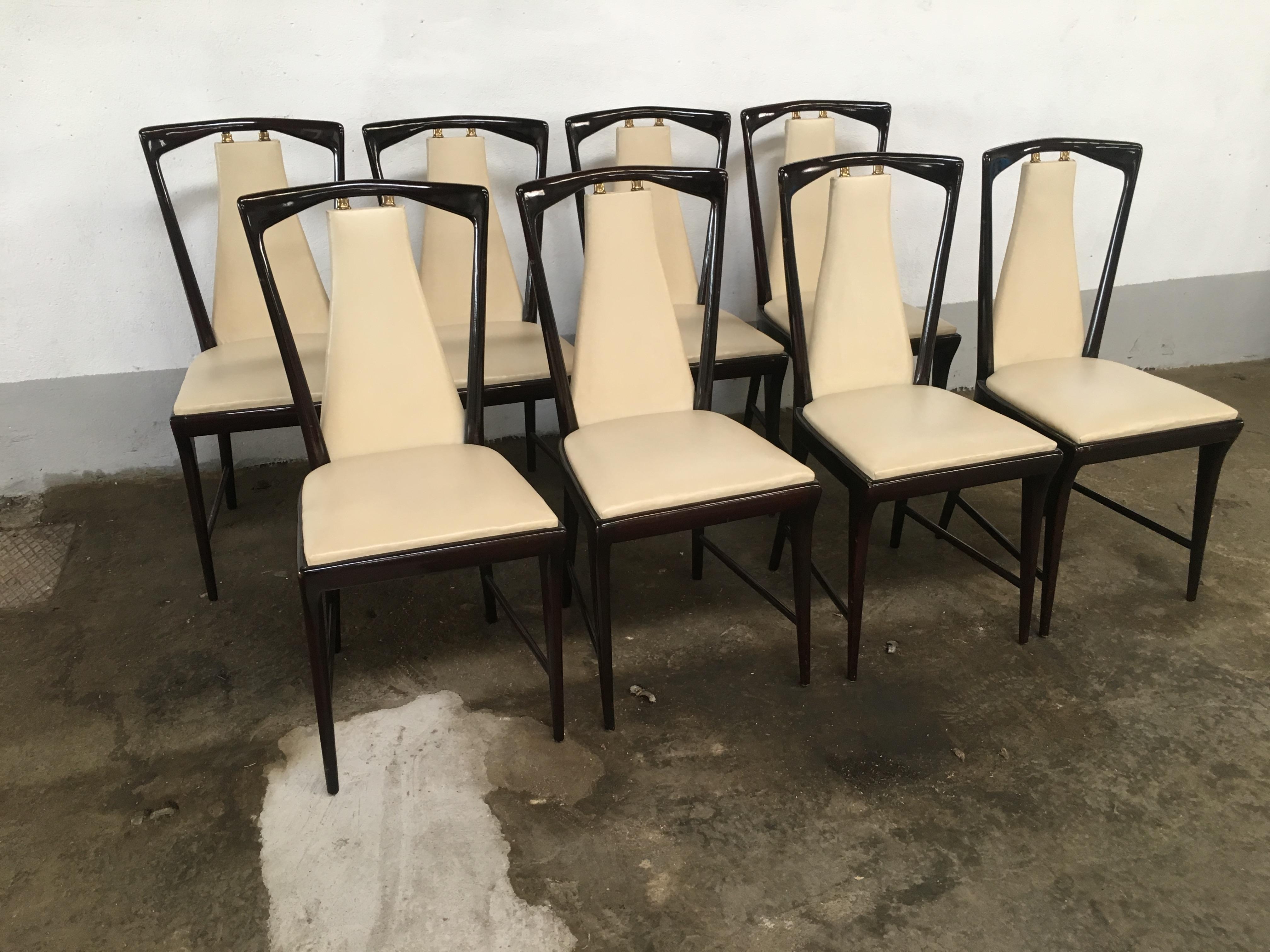 Mid-Century Modern Italian O. Borsani Set of 8 Mahogany and Faux Leather Chairs 1