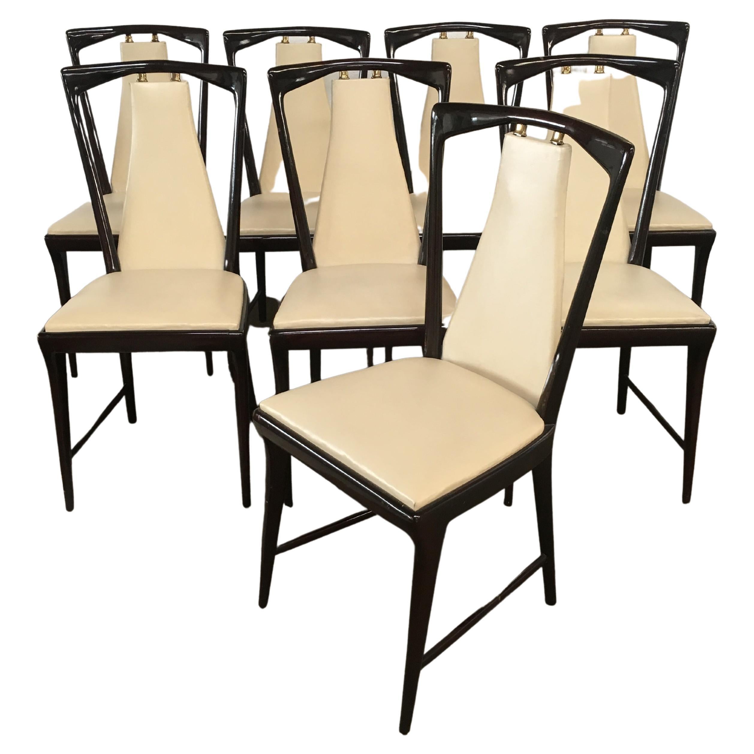Mid-Century Modern Italian O. Borsani Set of 8 Mahogany and Faux Leather Chairs