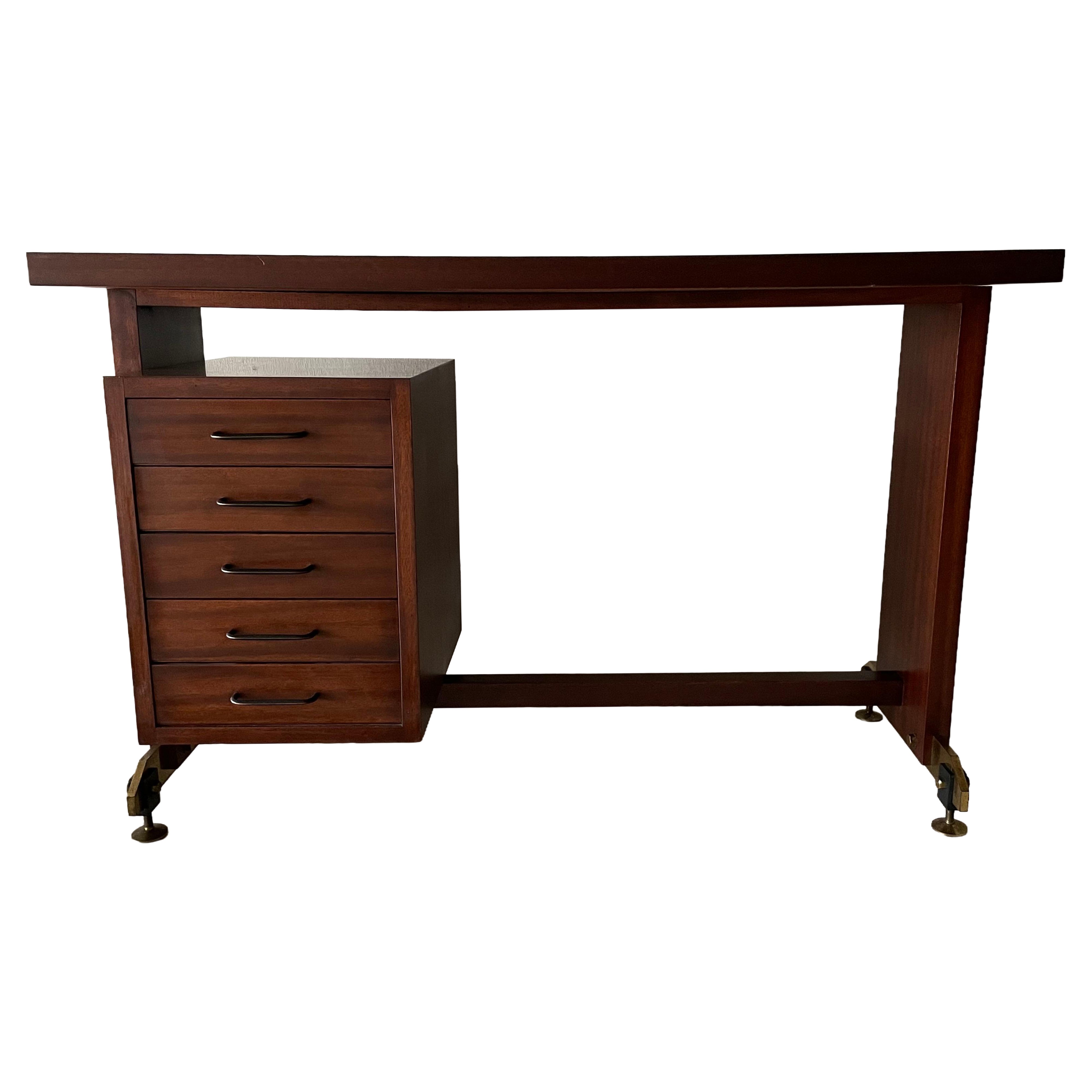 Mid Century Modern Italian Office Desk with 5 Drawers, 1960s, Italy For Sale