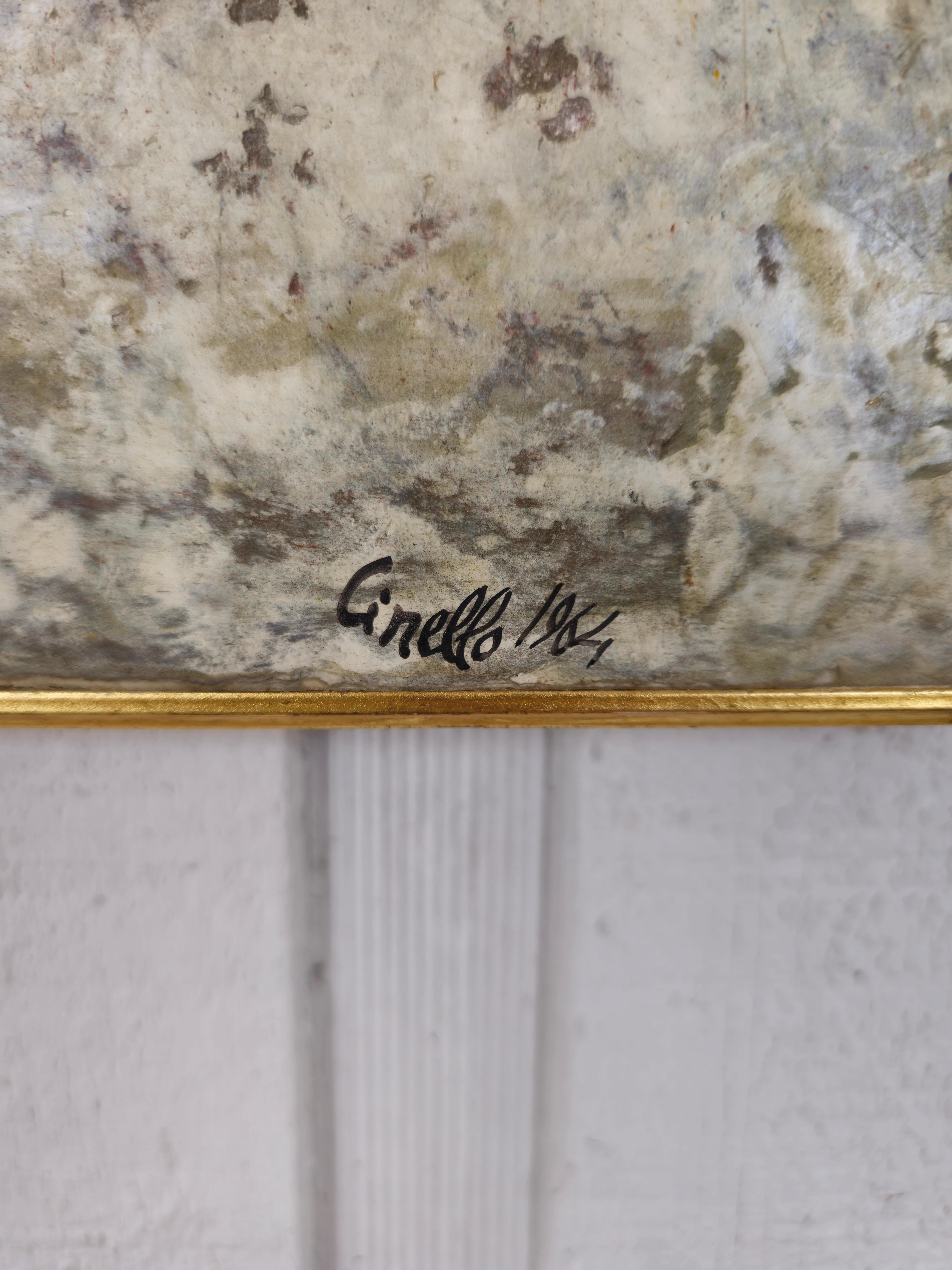 Fantastico olio su tavola dell'artista italiana Losi Cinello (1928-1982)  

Incredibilmente ben fatto con una decorazione a sgraffito graffiata sullo sfondo con una coppia di figure e un leone in alto a sinistra.  Titolato al centro del dipinto,
