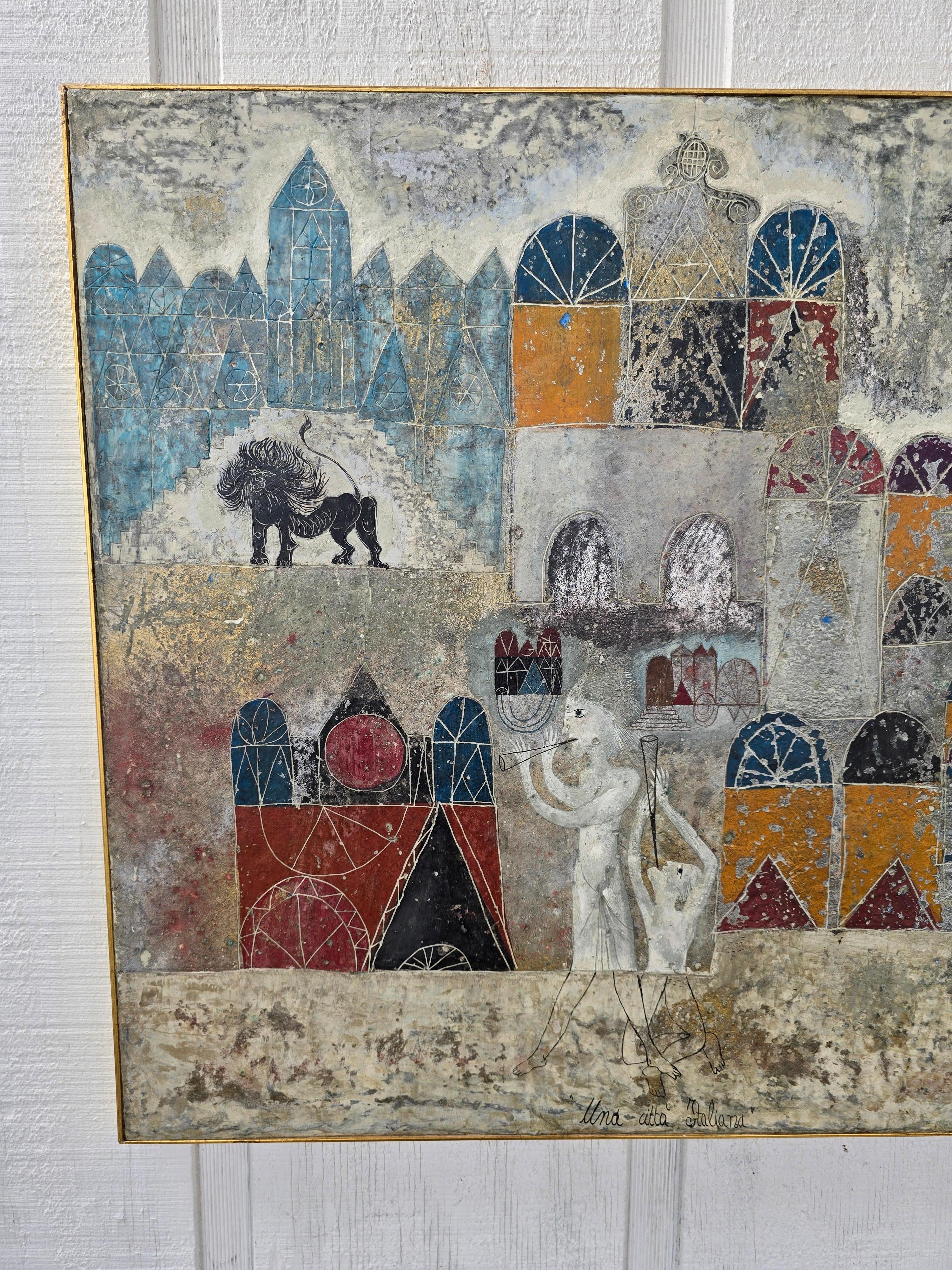 Dipinto Pittura ad olio italiana della metà del secolo scorso Losi Cinello (1928-1982) Paesaggio urbano in vendita