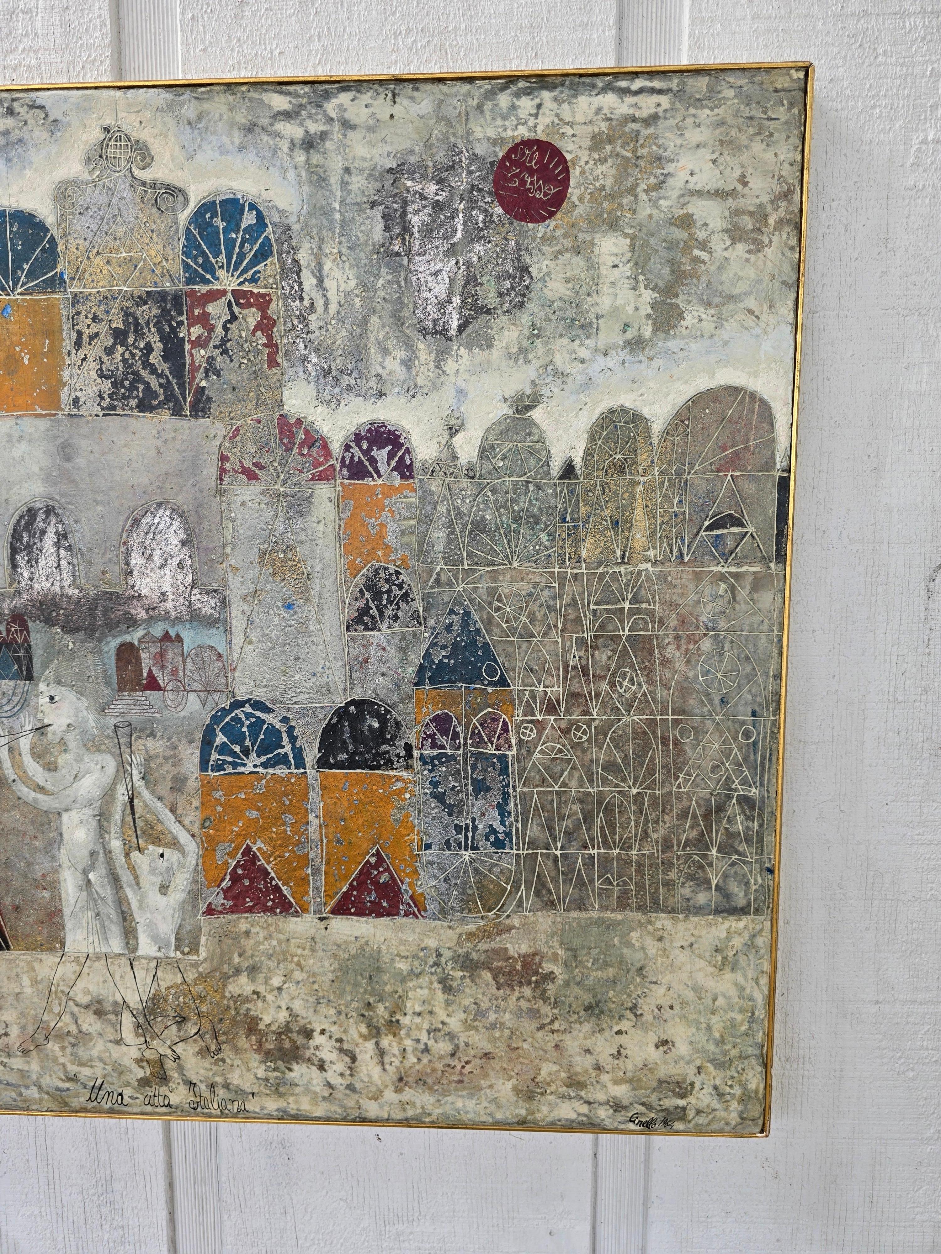 Pittura ad olio italiana della metà del secolo scorso Losi Cinello (1928-1982) Paesaggio urbano In condizioni buone in vendita a Sarasota, FL