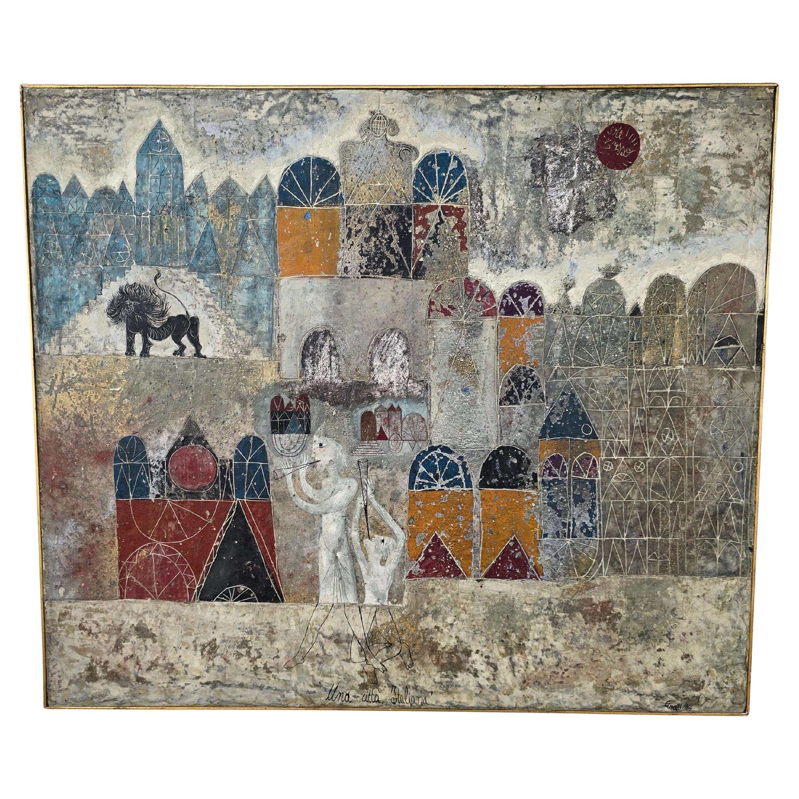 Pittura ad olio italiana della metà del secolo scorso Losi Cinello (1928-1982) Paesaggio urbano in vendita
