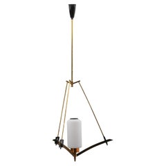 Mid-Century Modern Italian Opaline Glass and Brass Pendant Chandelier