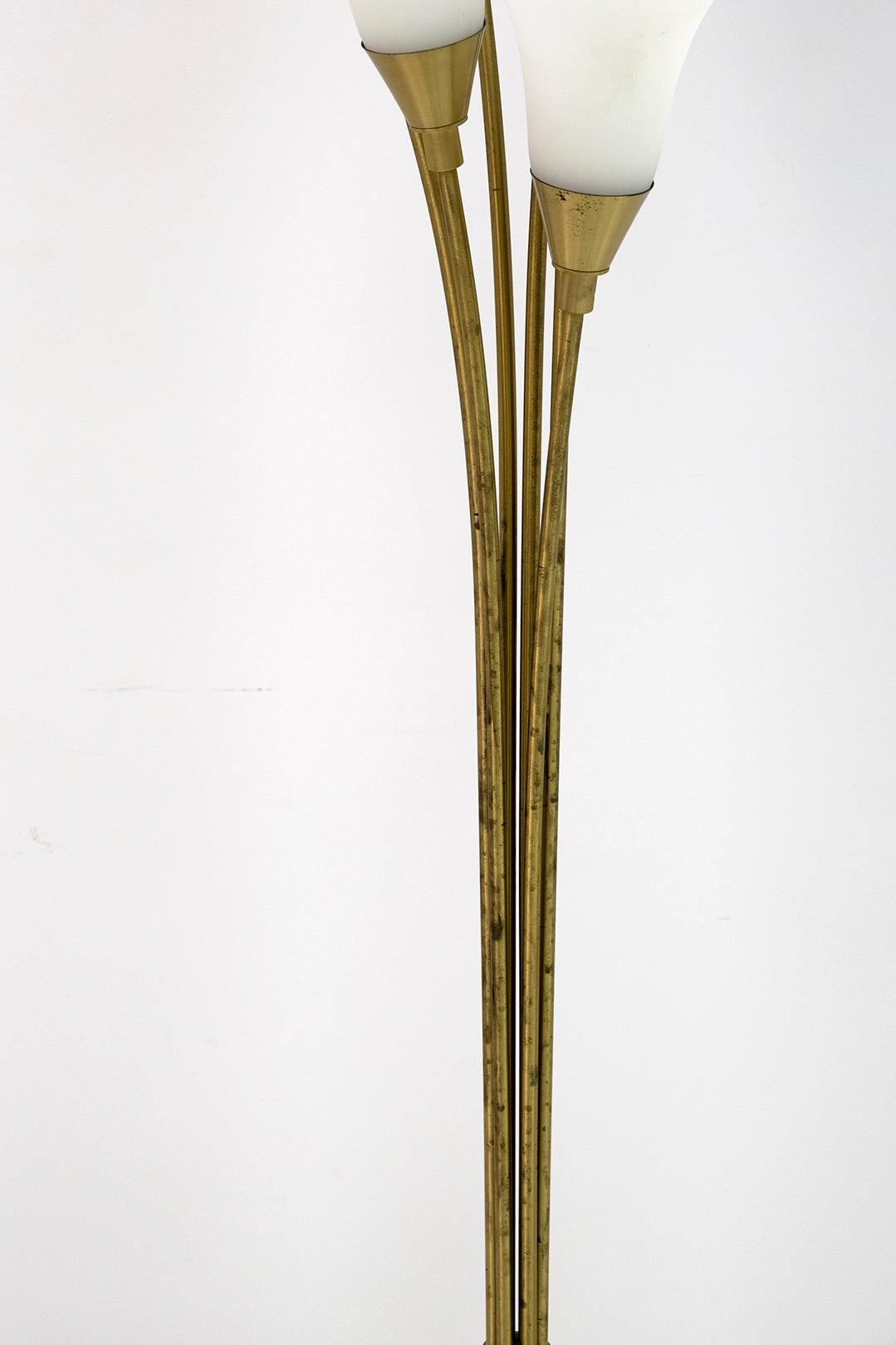 Mid-20th Century Mid-Century Modern Italian Opaline Glass and Gilt Brass Tulip Floor Lamp, 60s For Sale