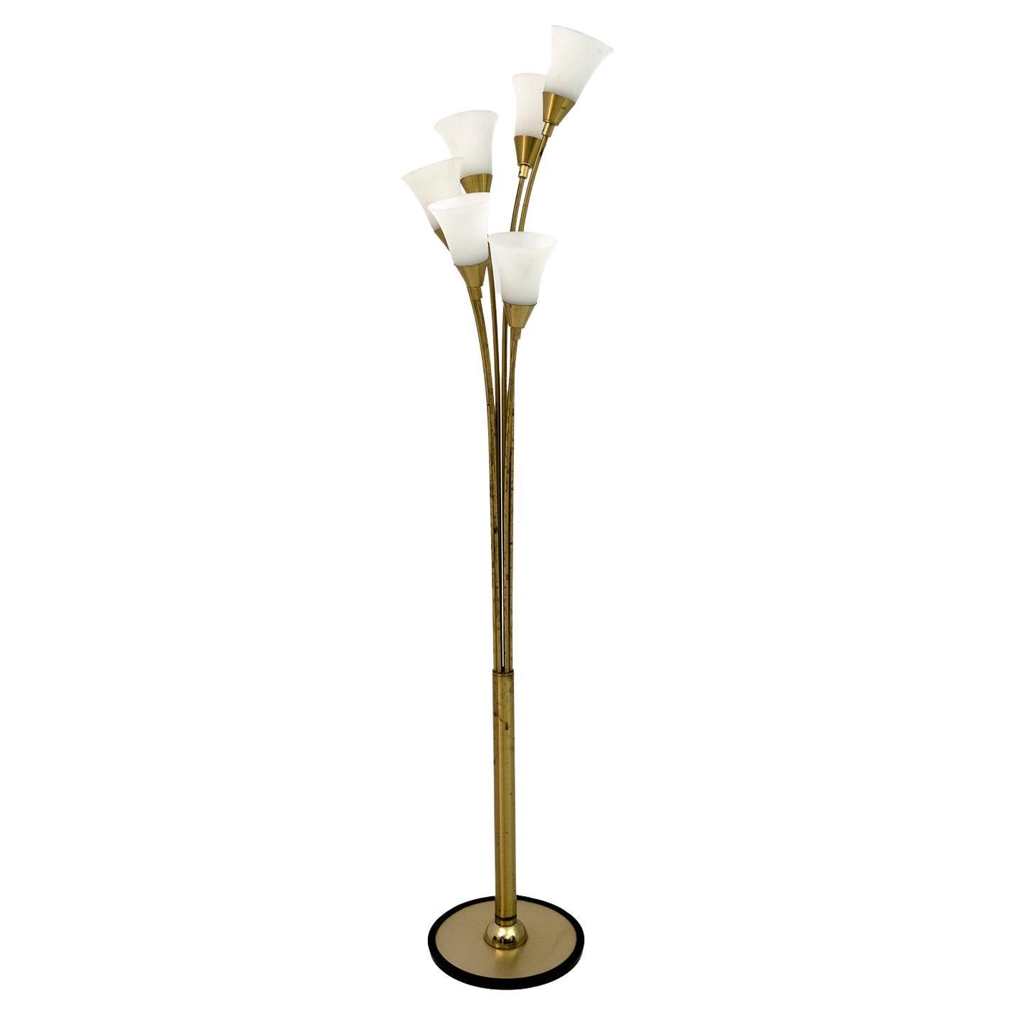 Mid-Century Modern Italian Opaline Glass and Gilt Brass Tulip Floor Lamp, 60s For Sale