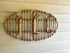 Mid-Century Modern Italian Oval Vintage Rattan Coat Hooks Hanger