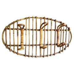 Mid-Century Modern Italian Oval Vintage Rattan Coat Hooks Hanger