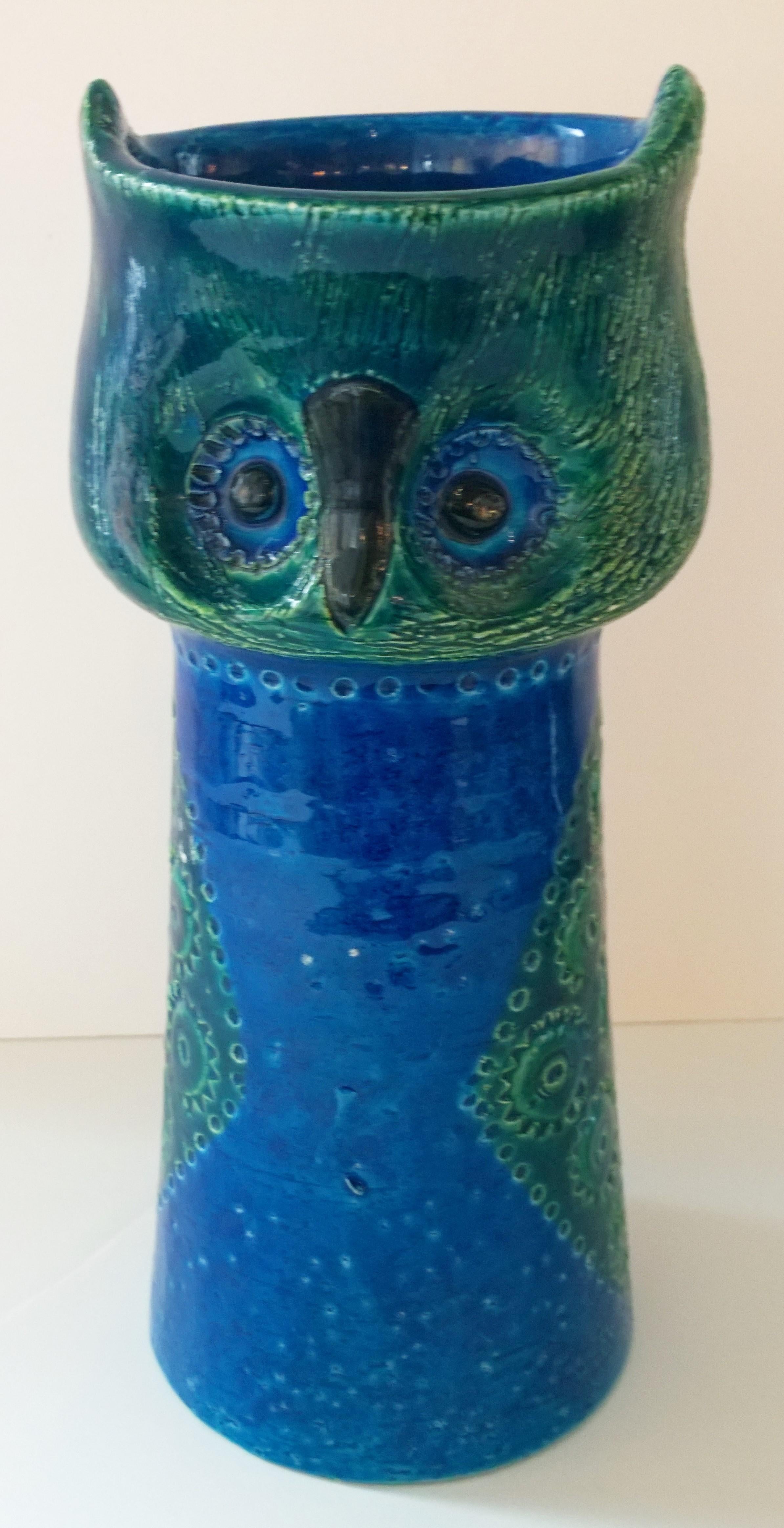 Italian Glazed ‘Owl’ Bitossi for Raymor Pottery Vase in Blue and Green