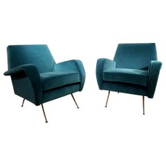 Mid century modern Italian Pair of Armchairs blue velvet