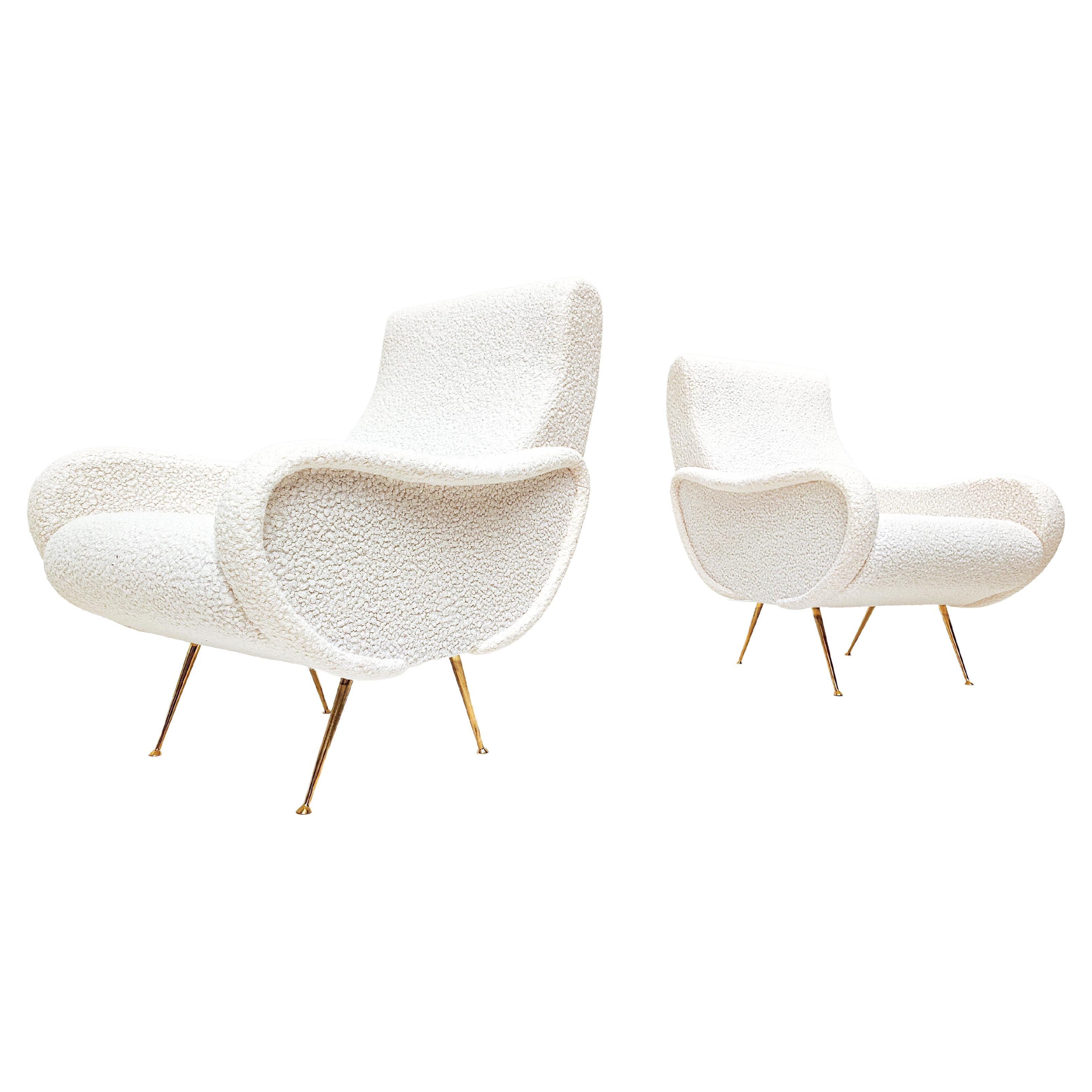 Mid-century Modern Italian Pair of Armchairs, White Boucle Fabric, 1950S For Sale