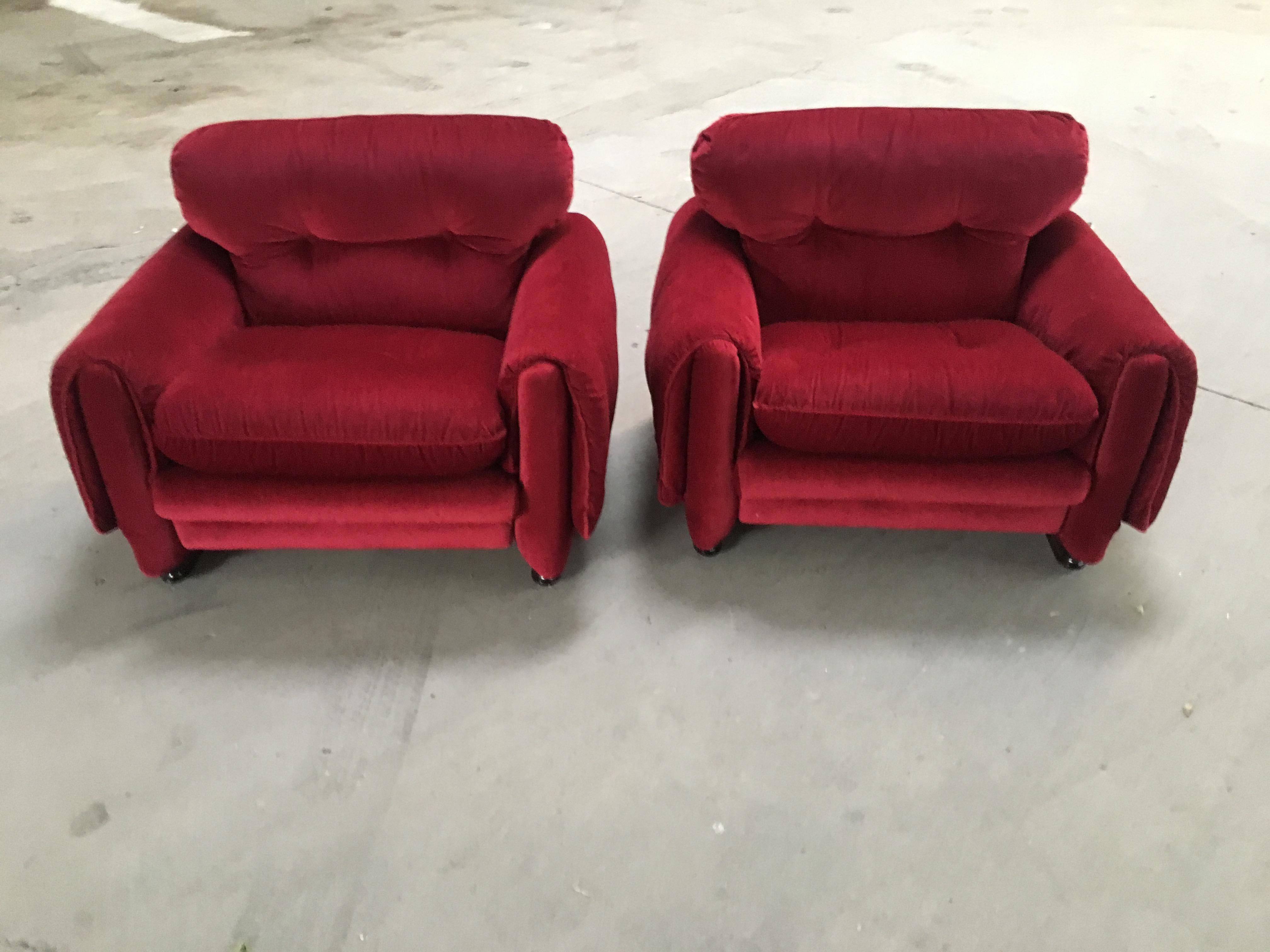 Mid-Century Modern pair of Italian corduroy velvet armchairs with wooden basement and original fabric.