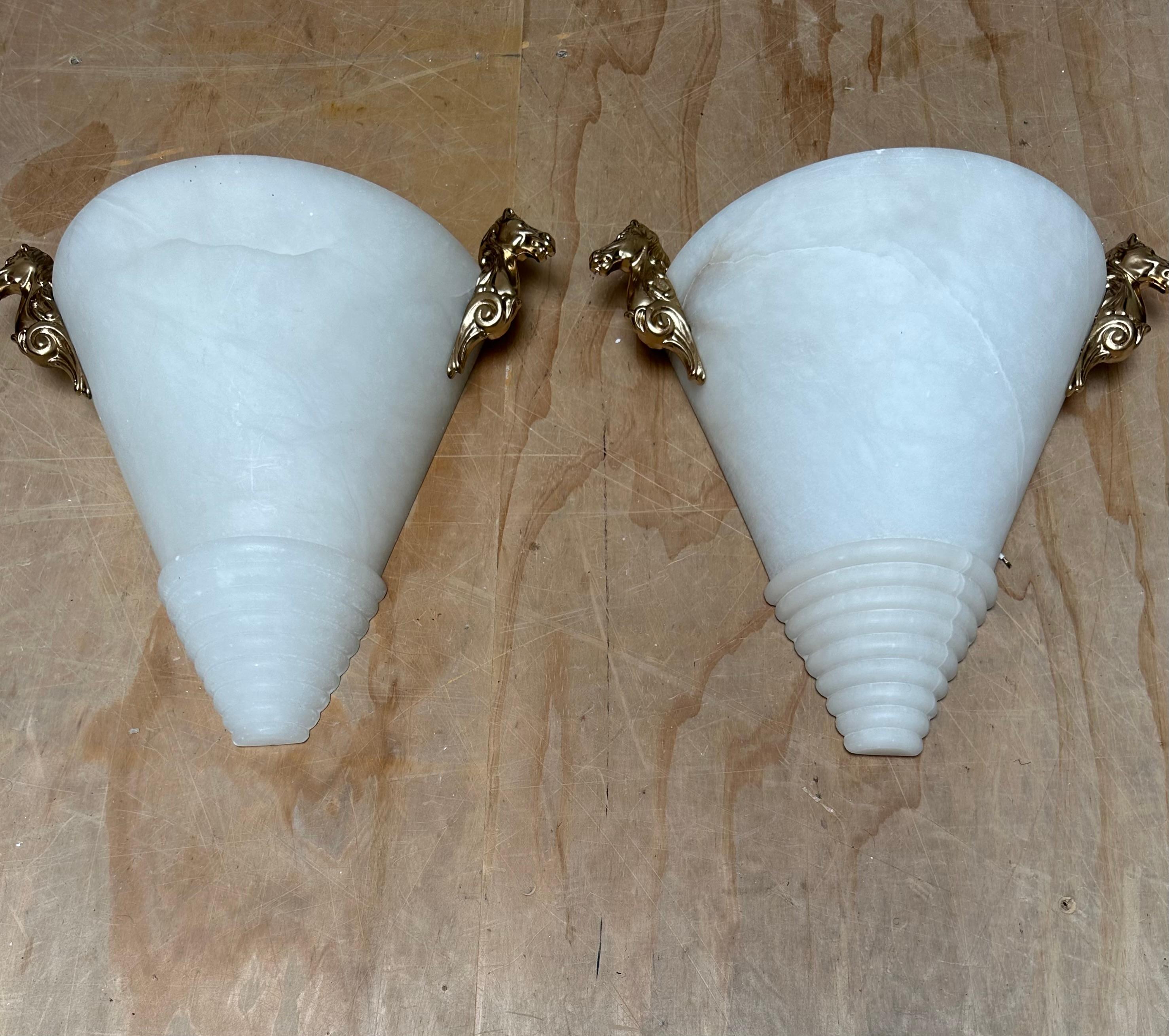 Midcentury Modern Italy Pair Art Deco Style Alabaster Sconces w Horse Sculptures For Sale 8