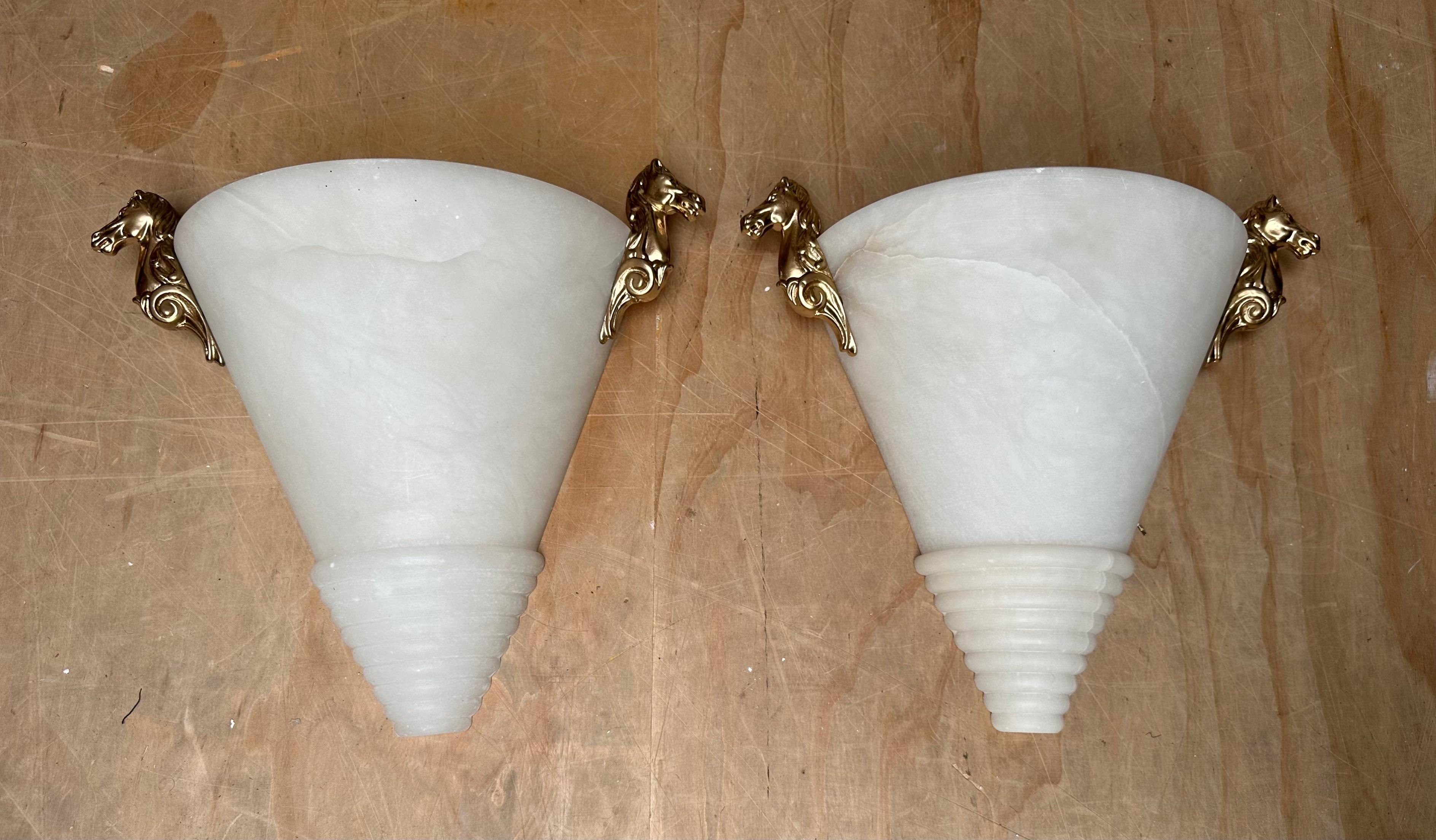 Midcentury Modern Pair Art Deco Design Alabaster Sconces with Horse Sculptures For Sale 9