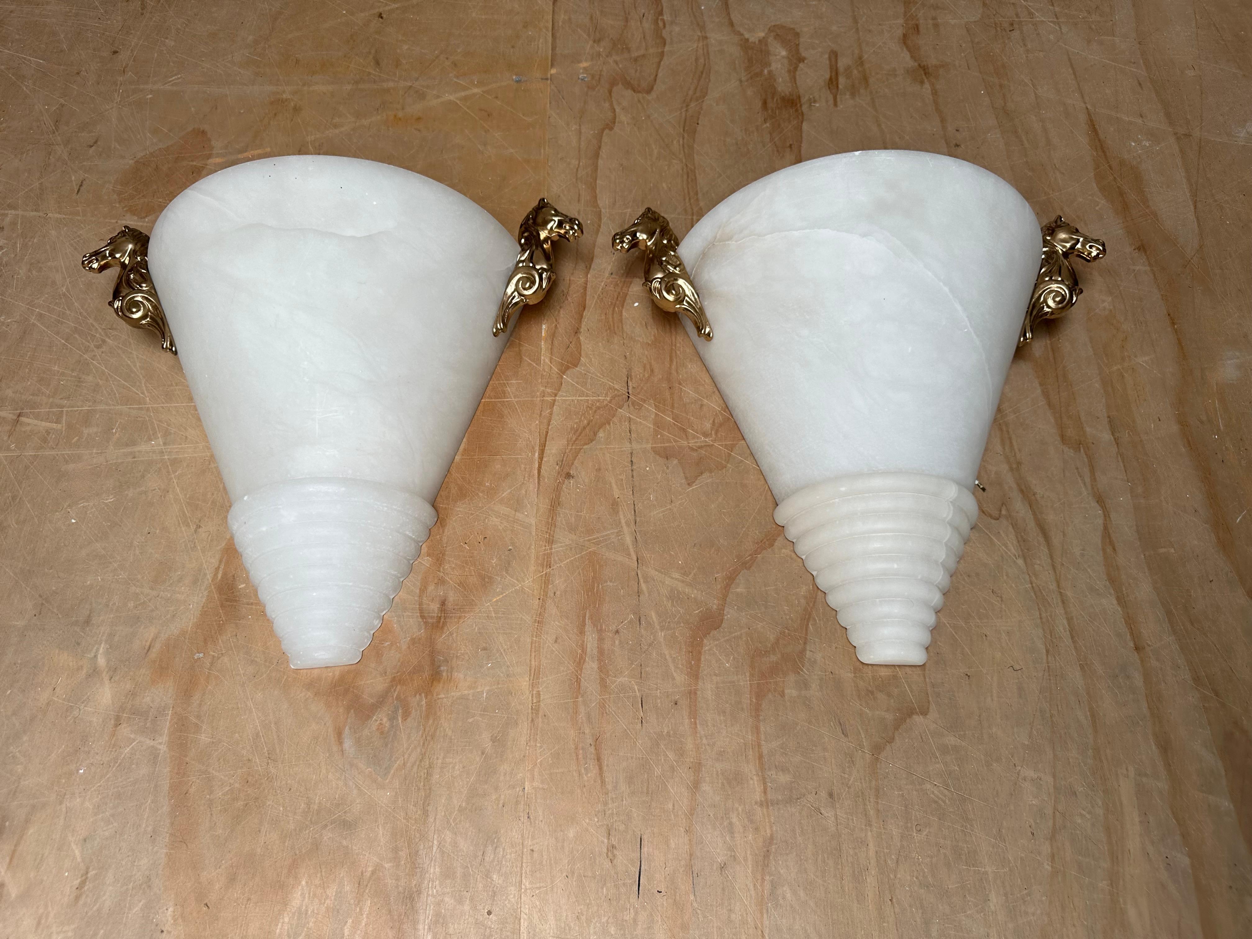 Midcentury Modern Pair Art Deco Design Alabaster Sconces with Horse Sculptures For Sale 10