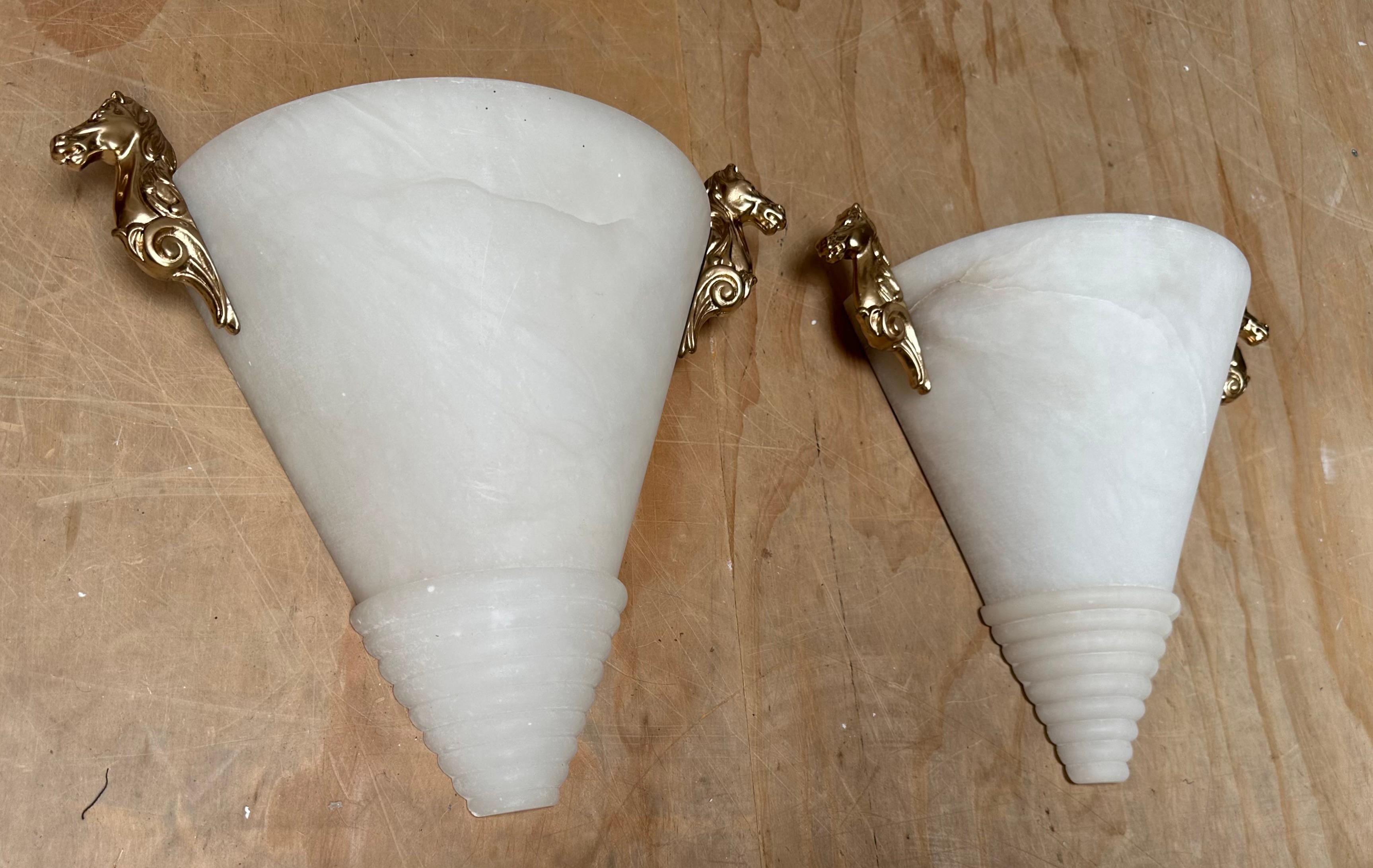 Midcentury Pair Art Deco Design Alabaster Wall Sconces with Horse Sculptures For Sale 11