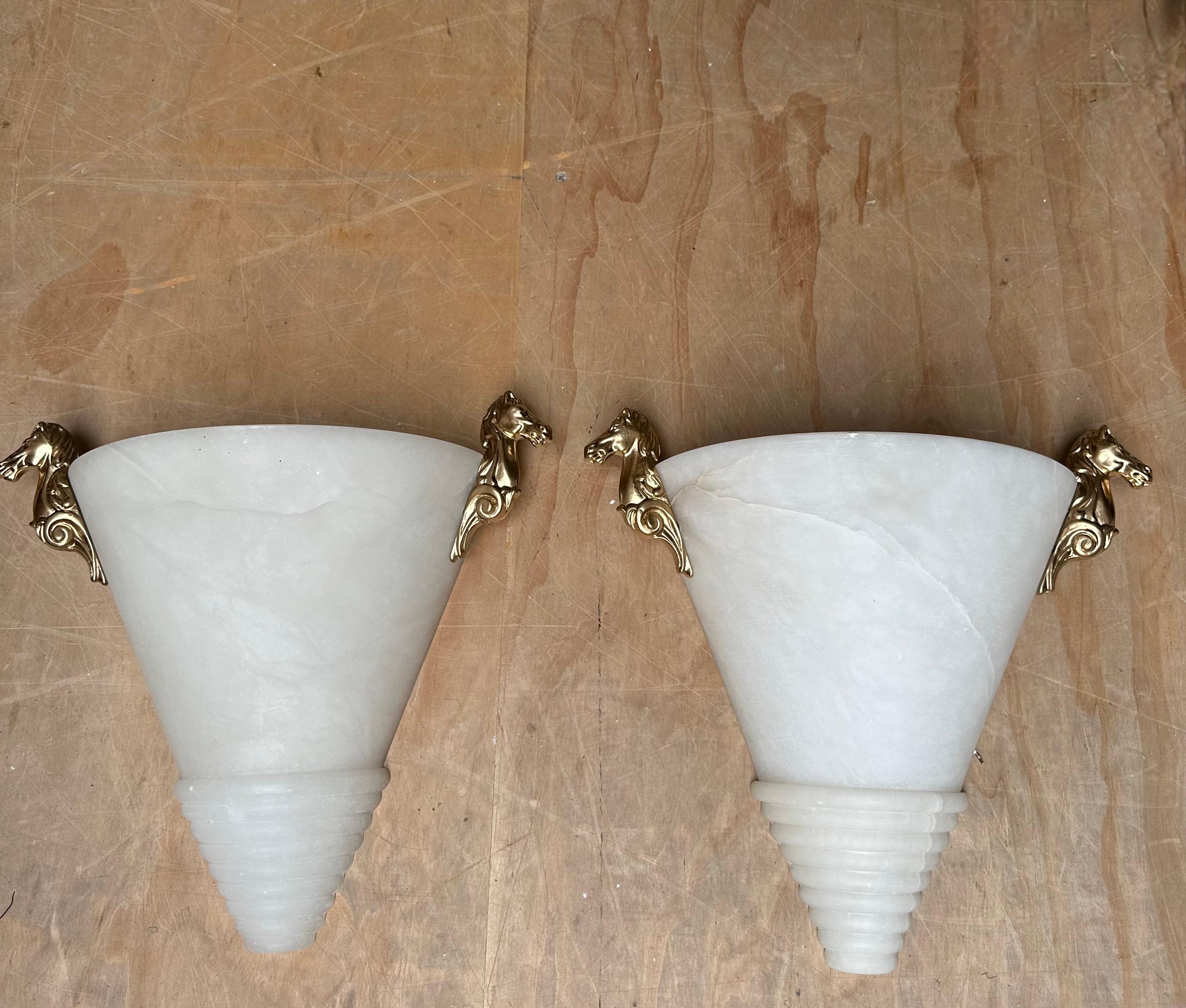 Midcentury Modern Italy Pair Art Deco Style Alabaster Sconces w Horse Sculptures For Sale 12