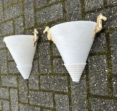 Midcentury Pair Art Deco Design Alabaster Wall Sconces with Horse Sculptures