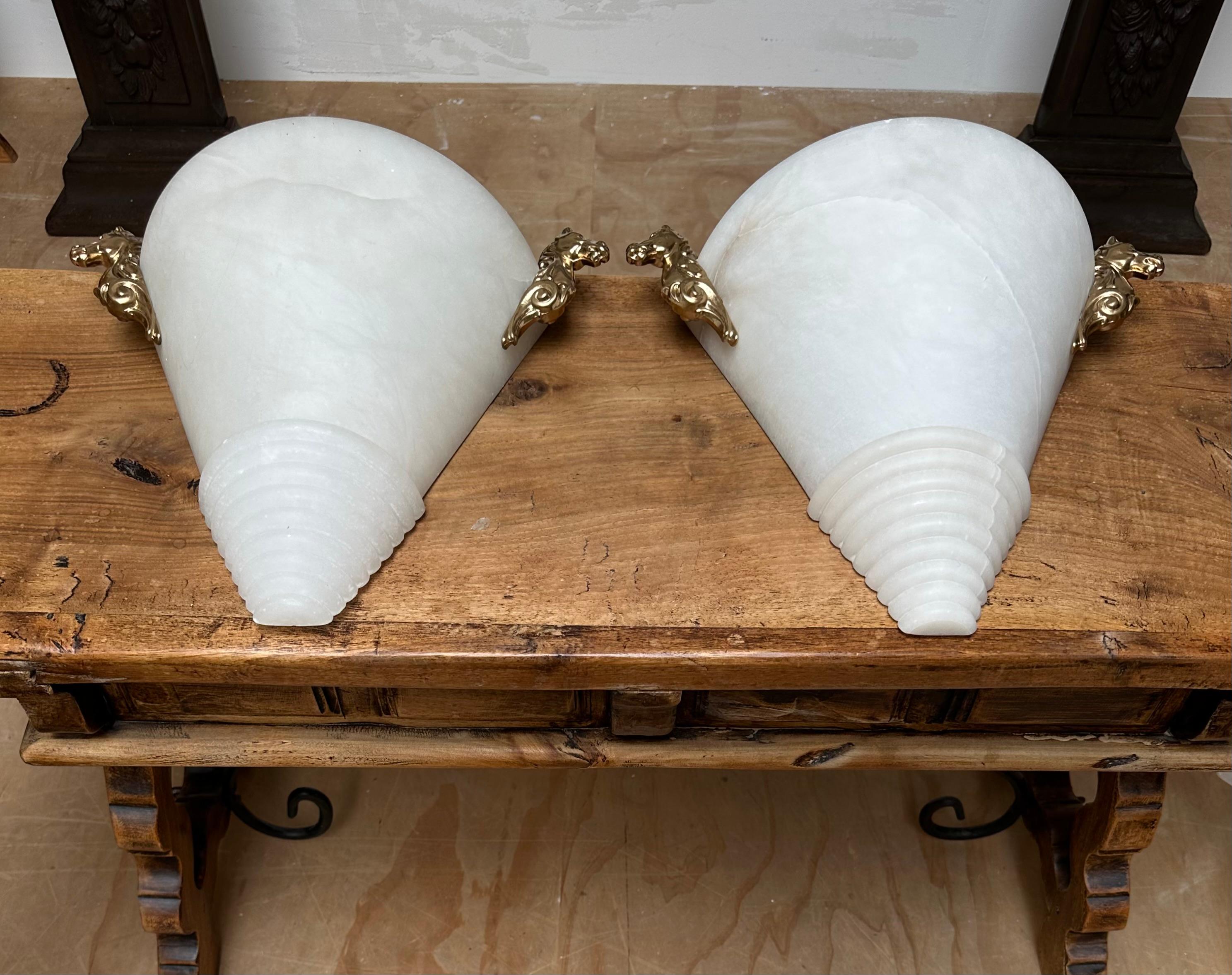 Bronze Midcentury Modern Pair Art Deco Design Alabaster Sconces with Horse Sculptures For Sale