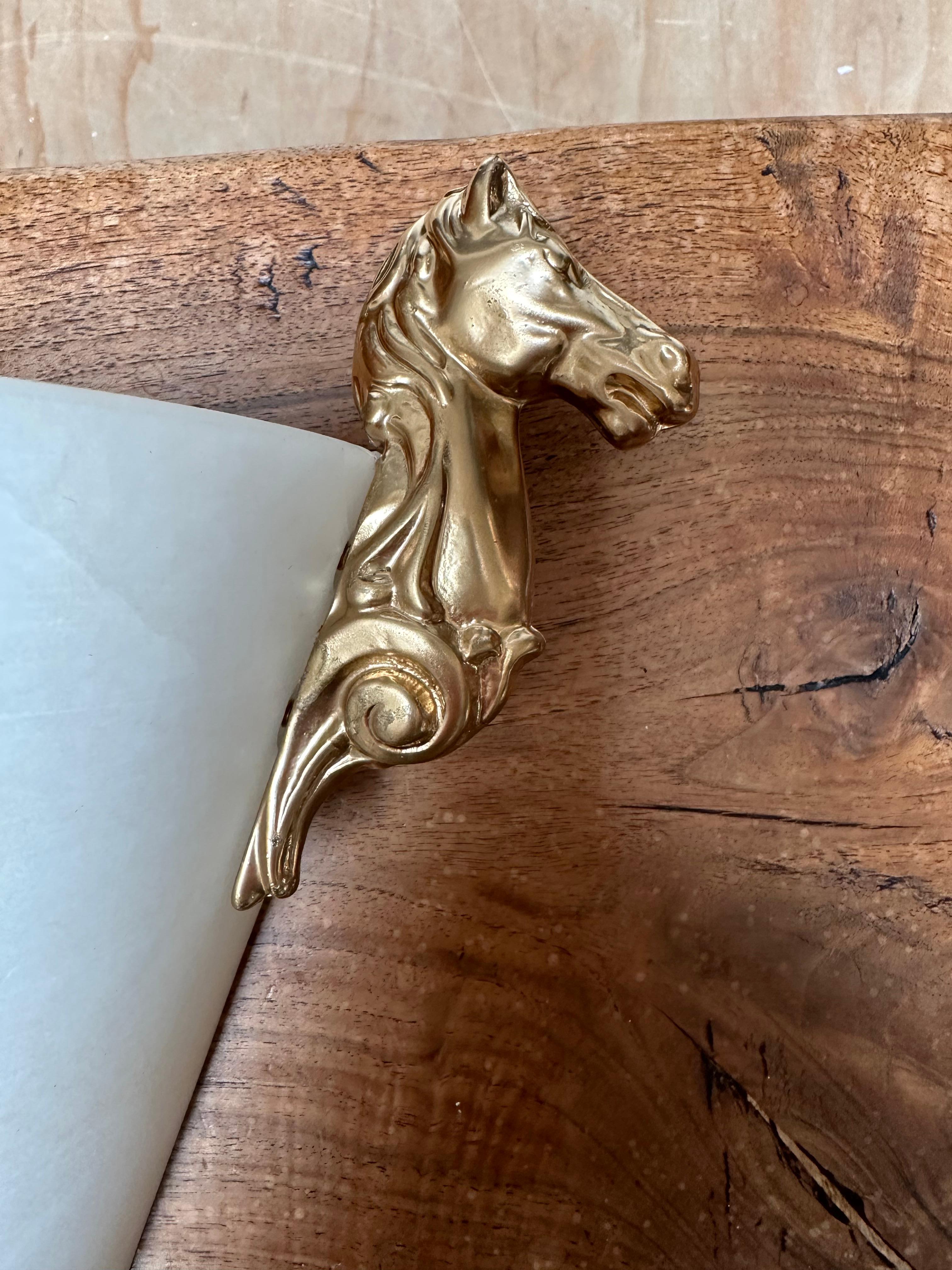 Midcentury Pair Art Deco Design Alabaster Wall Sconces with Horse Sculptures For Sale 1