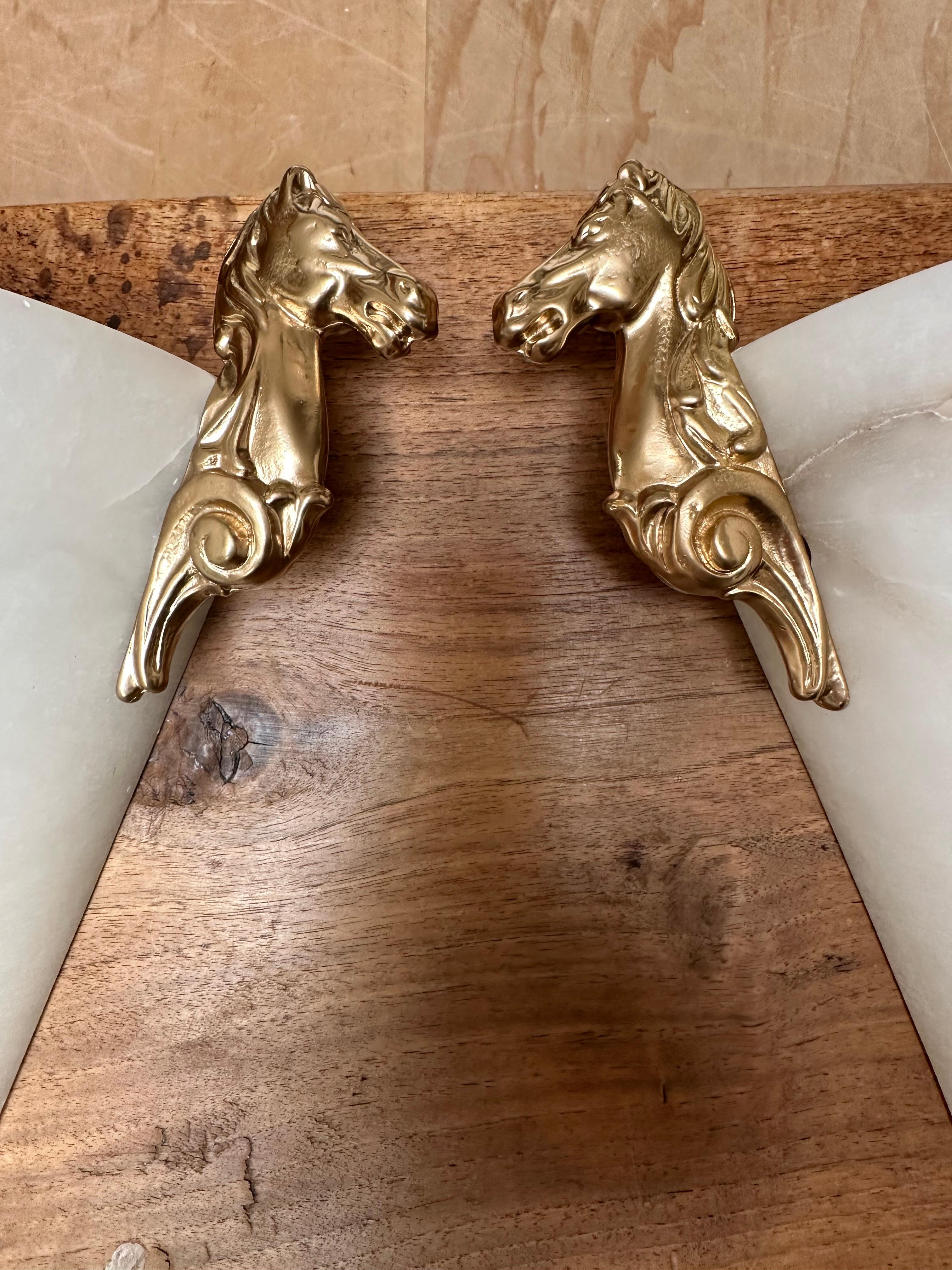Midcentury Modern Italy Pair Art Deco Style Alabaster Sconces w Horse Sculptures For Sale 2