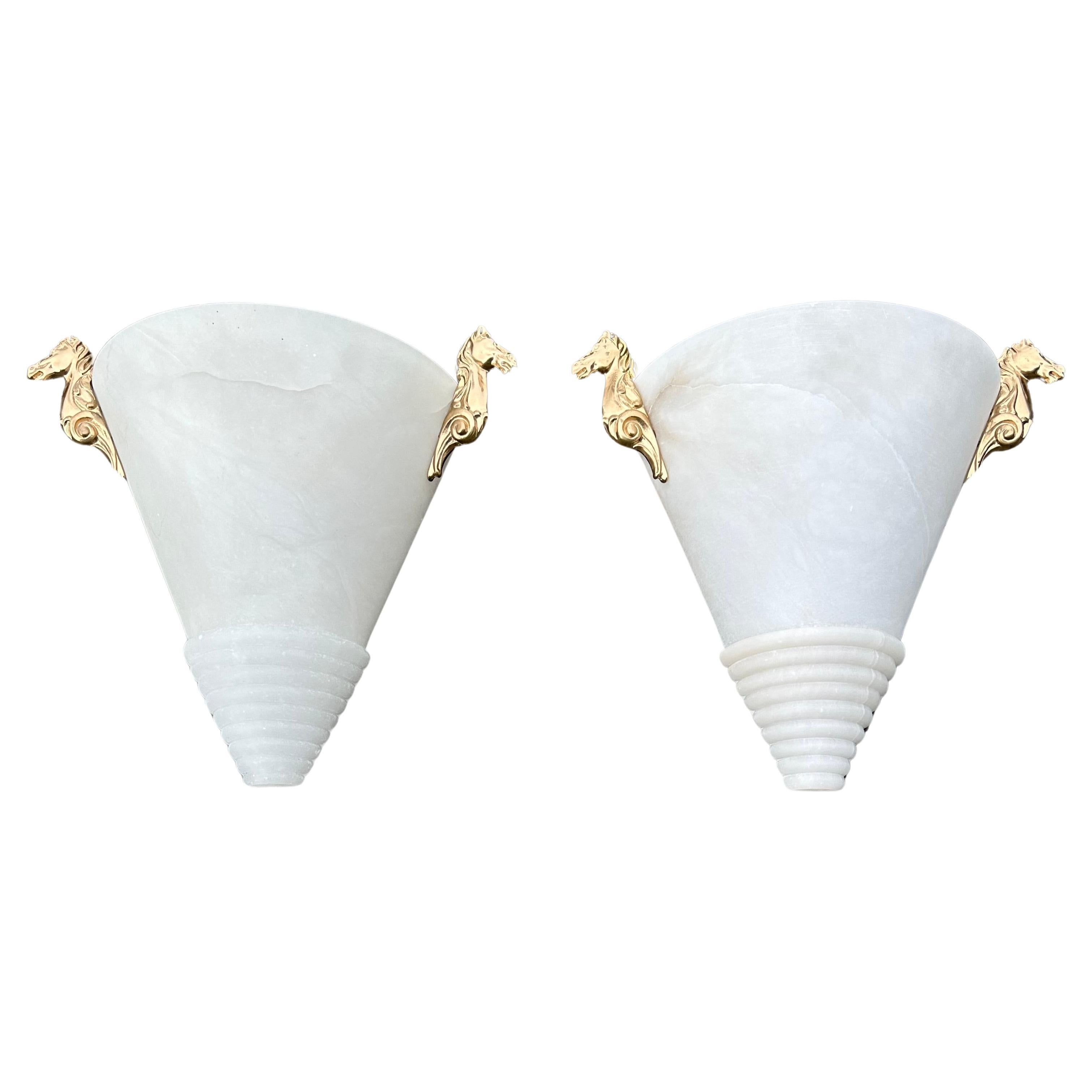 Midcentury Modern Italy Pair Art Deco Style Alabaster Sconces w Horse Sculptures For Sale