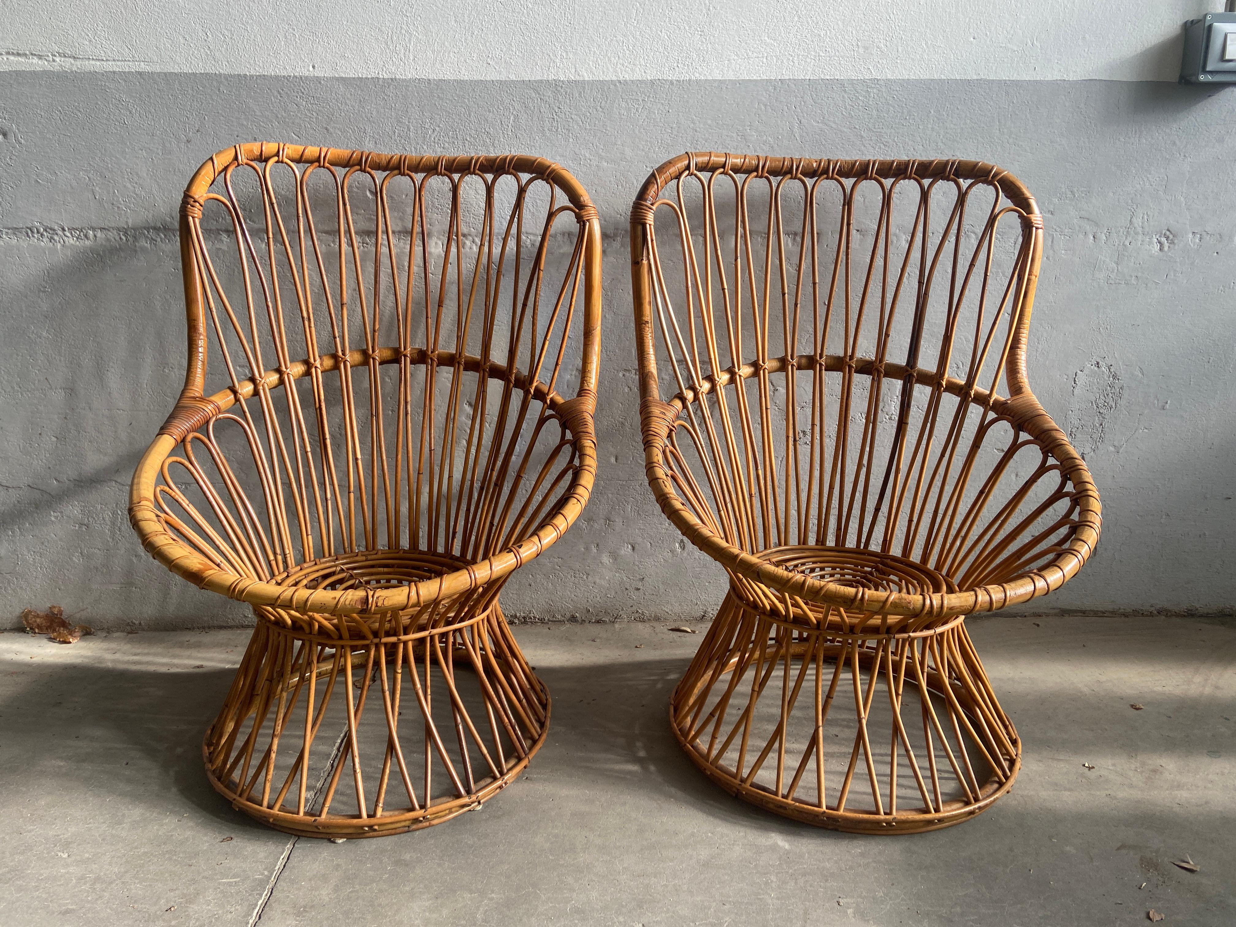 Mid-Century Modern Italian Pair of Bamboo and Rattan Armchairs, 1970s In Good Condition In Prato, IT