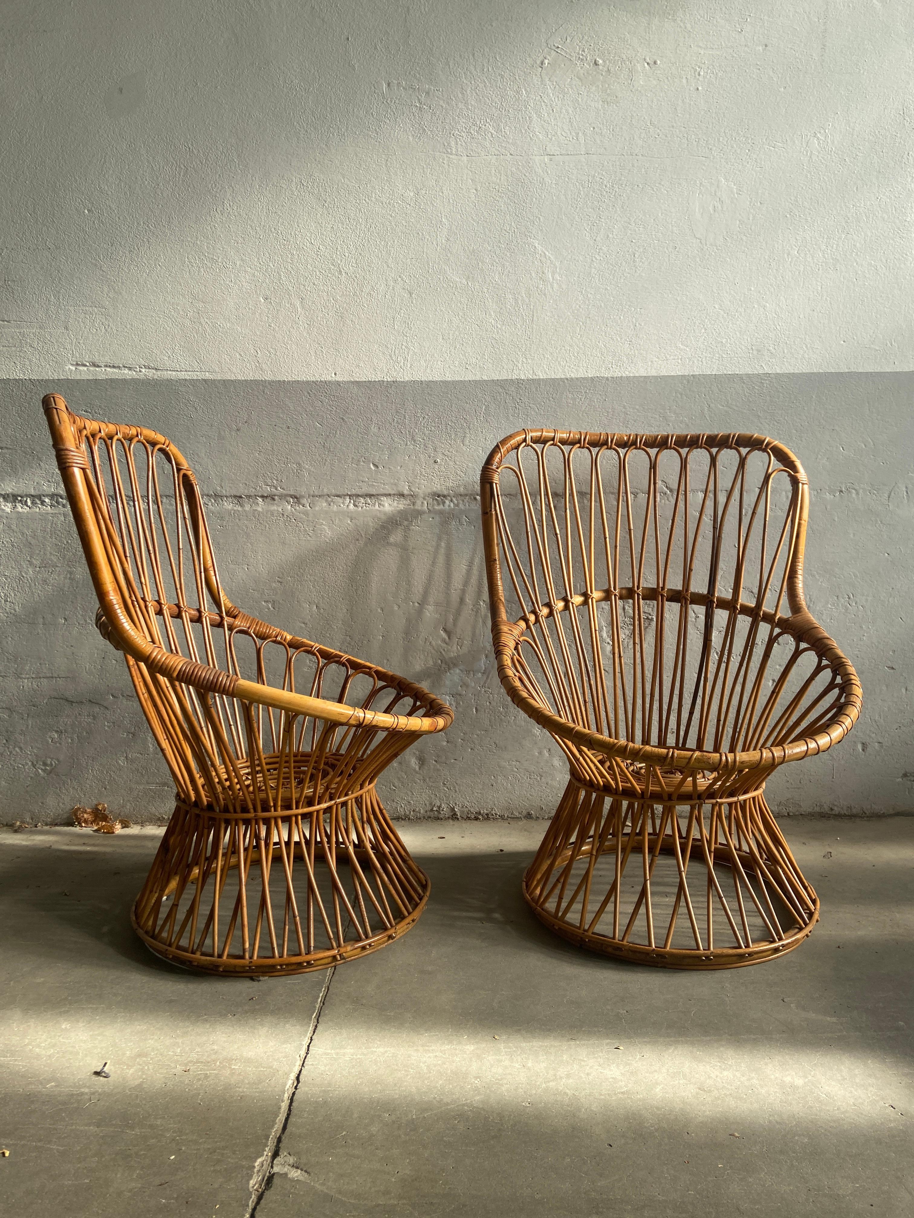 Mid-Century Modern Italian Pair of Bamboo and Rattan Armchairs, 1970s 1