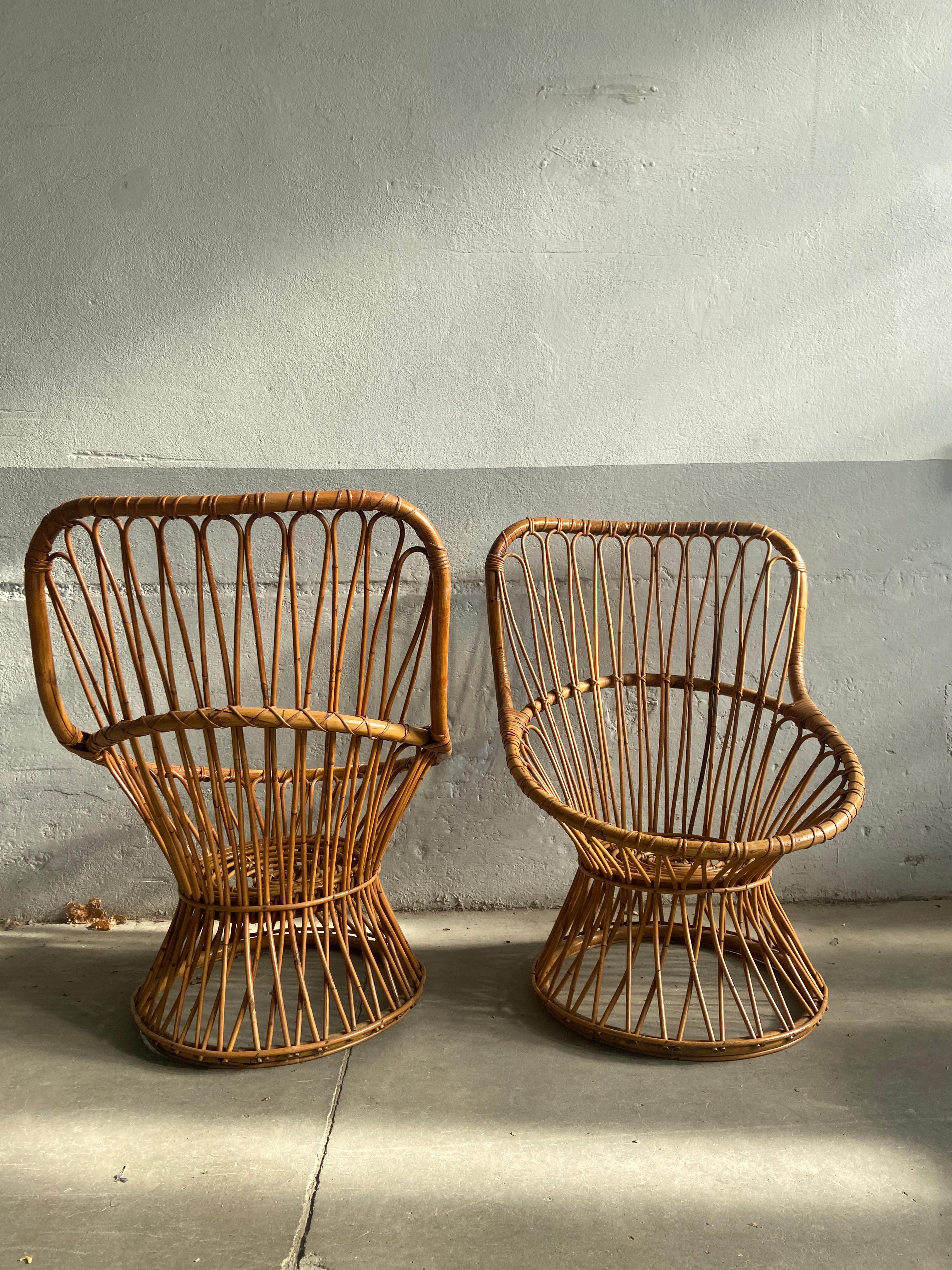 Mid-Century Modern Italian Pair of Bamboo and Rattan Armchairs, 1970s 3