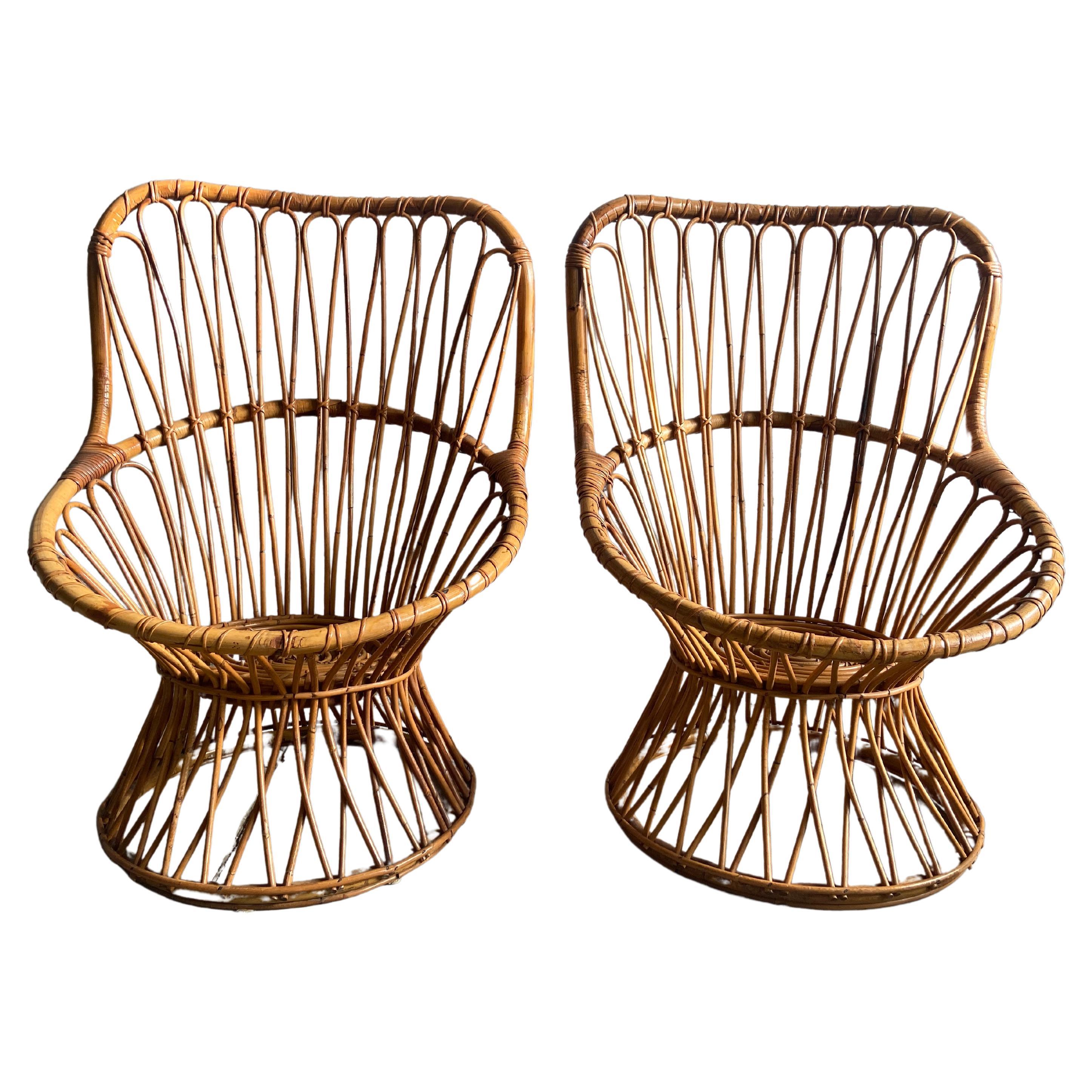 Mid-Century Modern Italian Pair of Bamboo and Rattan Armchairs, 1970s