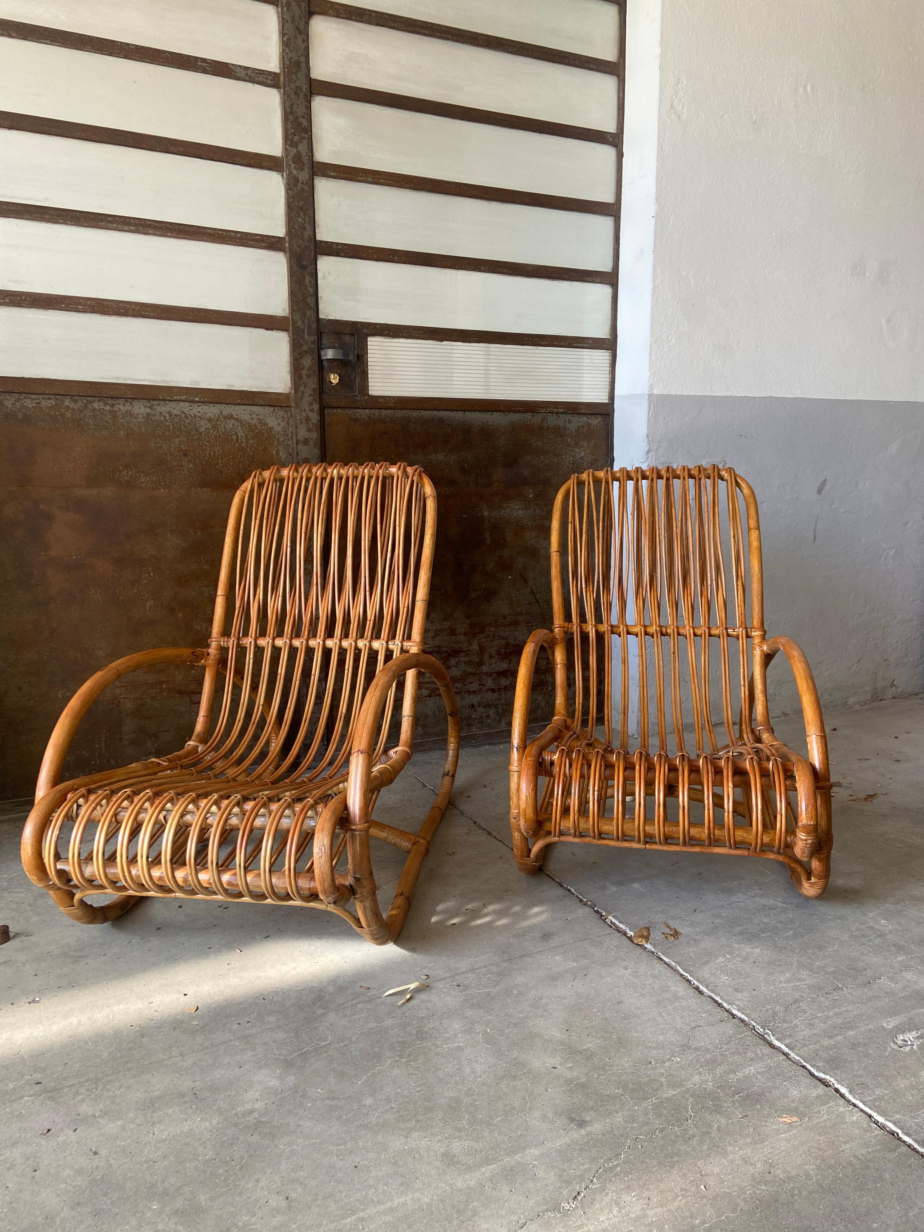 Mid-Century Modern Italian Pair of Bamboo and Rattan Lounge Chairs, 1960s In Good Condition For Sale In Prato, IT