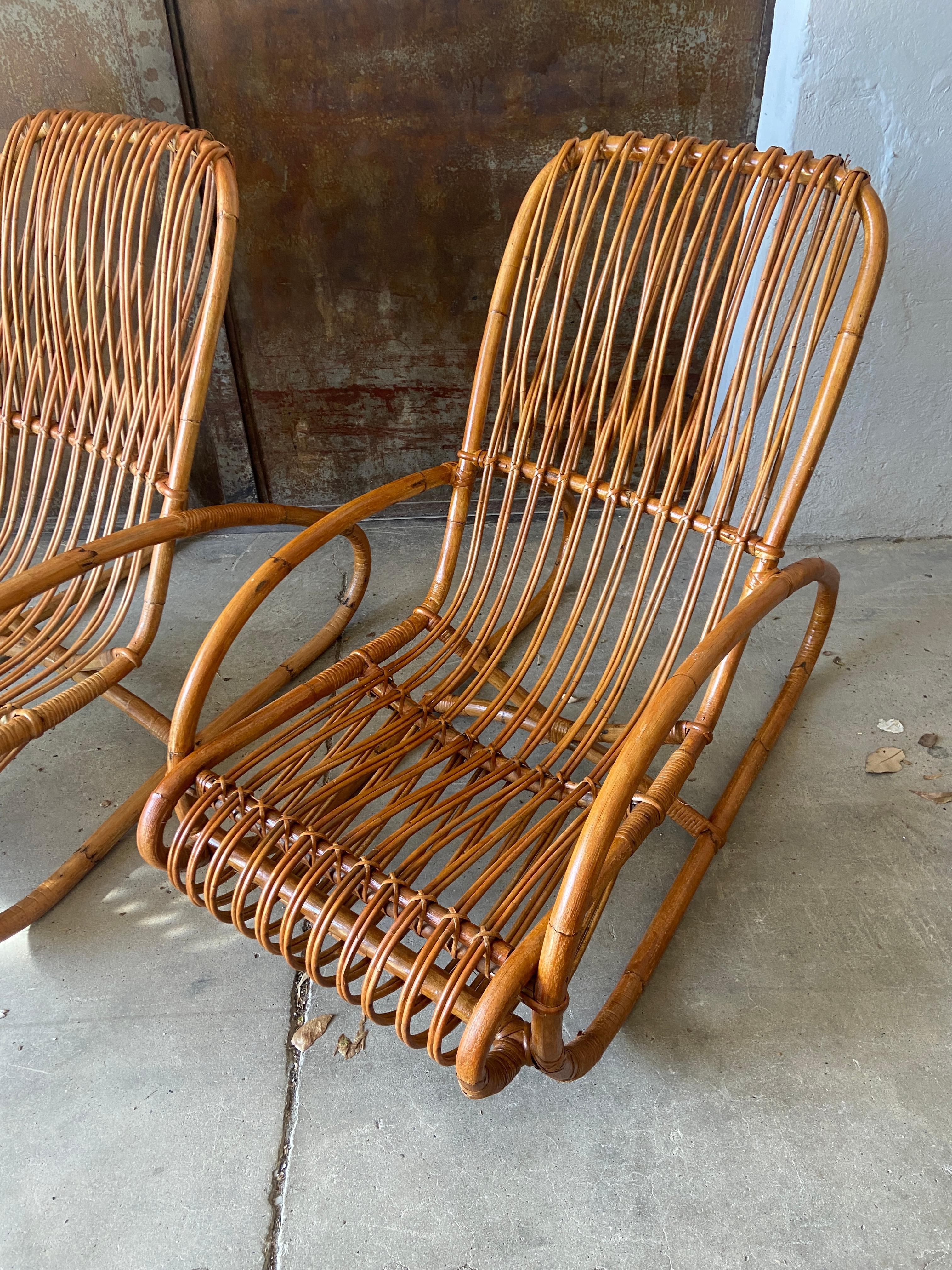 Mid-20th Century Mid-Century Modern Italian Pair of Bamboo and Rattan Lounge Chairs, 1960s For Sale