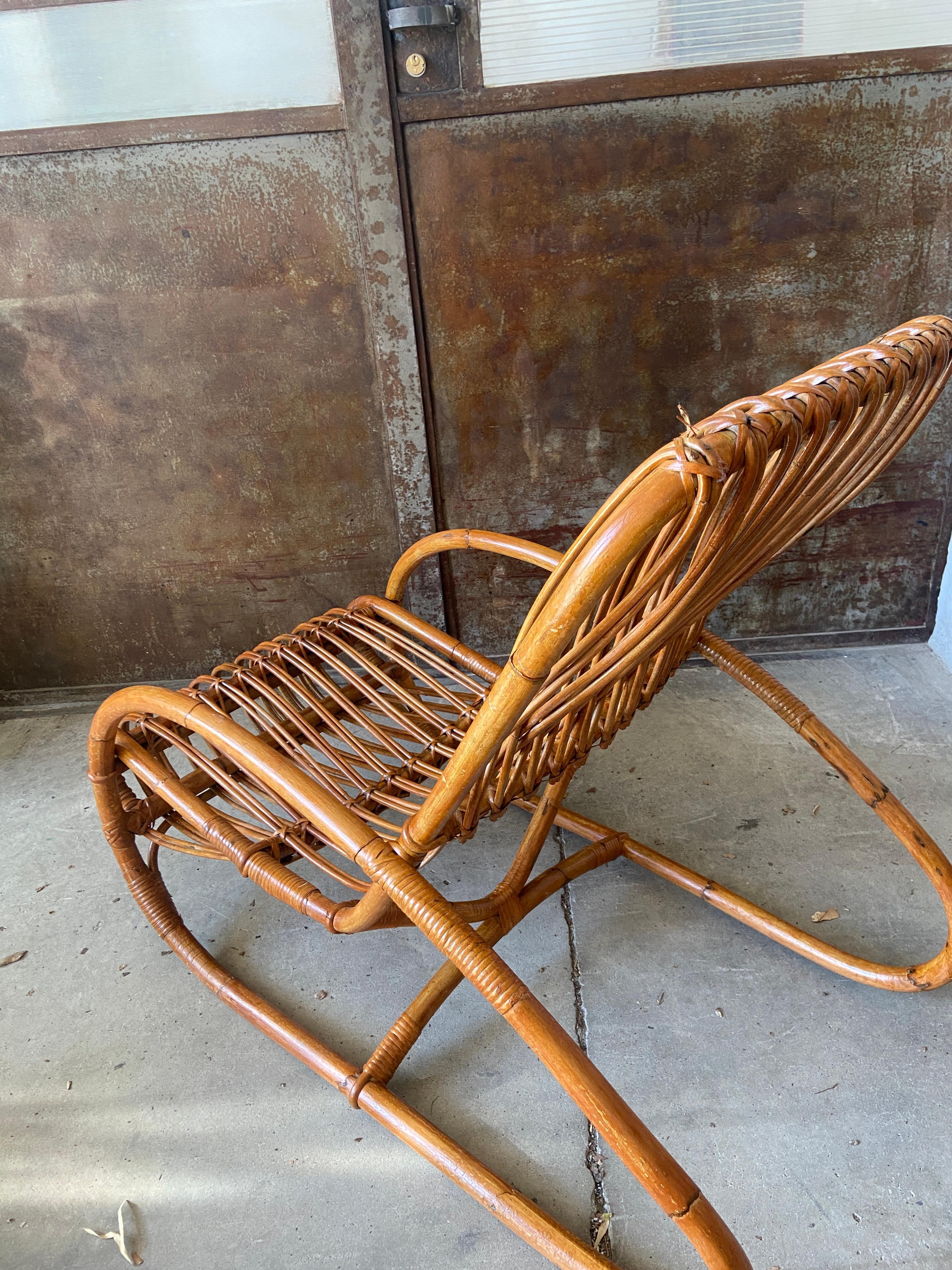 Mid-Century Modern Italian Pair of Bamboo and Rattan Lounge Chairs, 1960s For Sale 5