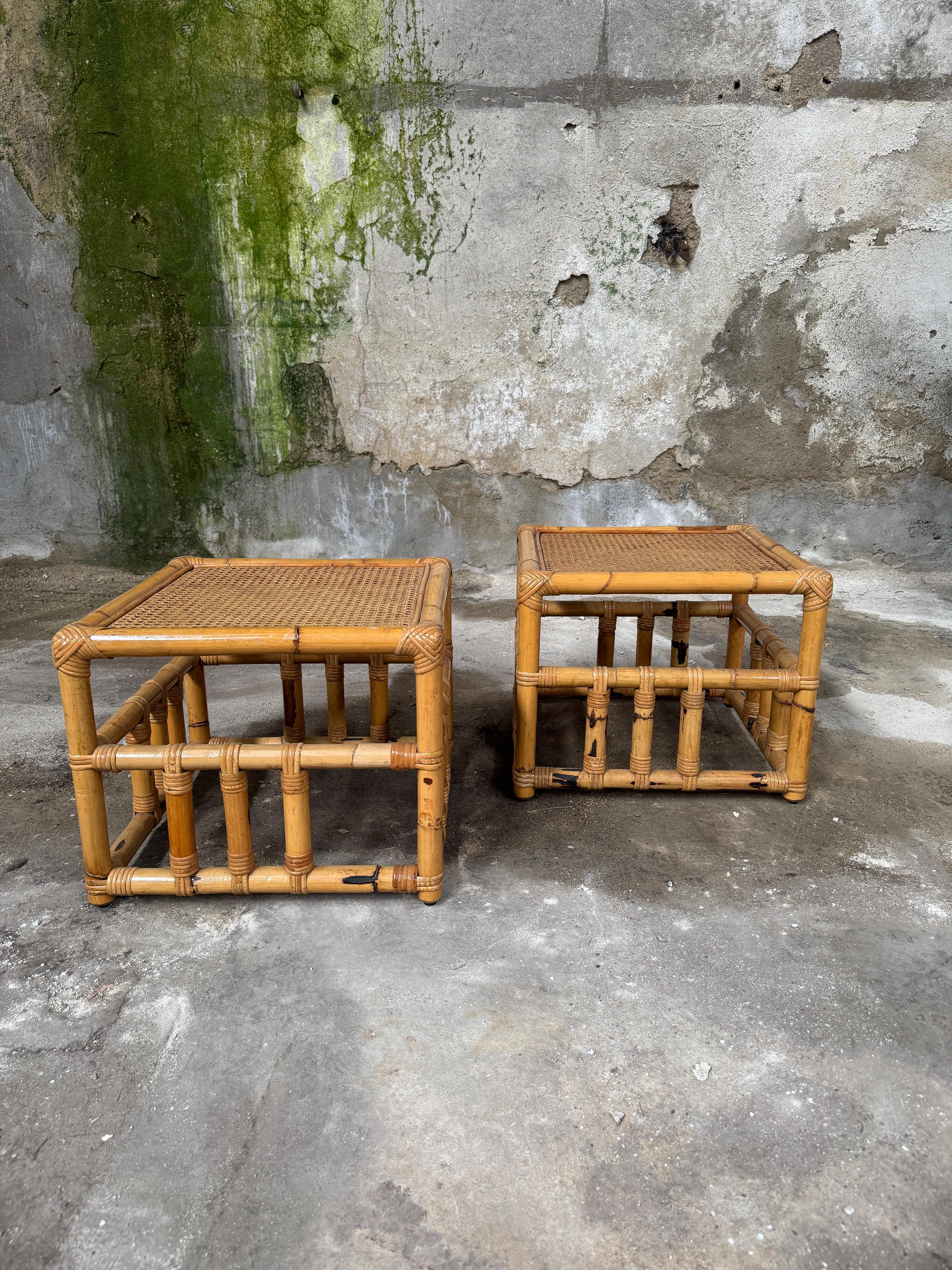 Mid-Century Modern Italian Pair of bamboo and rattan side or sofa table by Vivai del Sud with Vienna straw top.. 1960s
