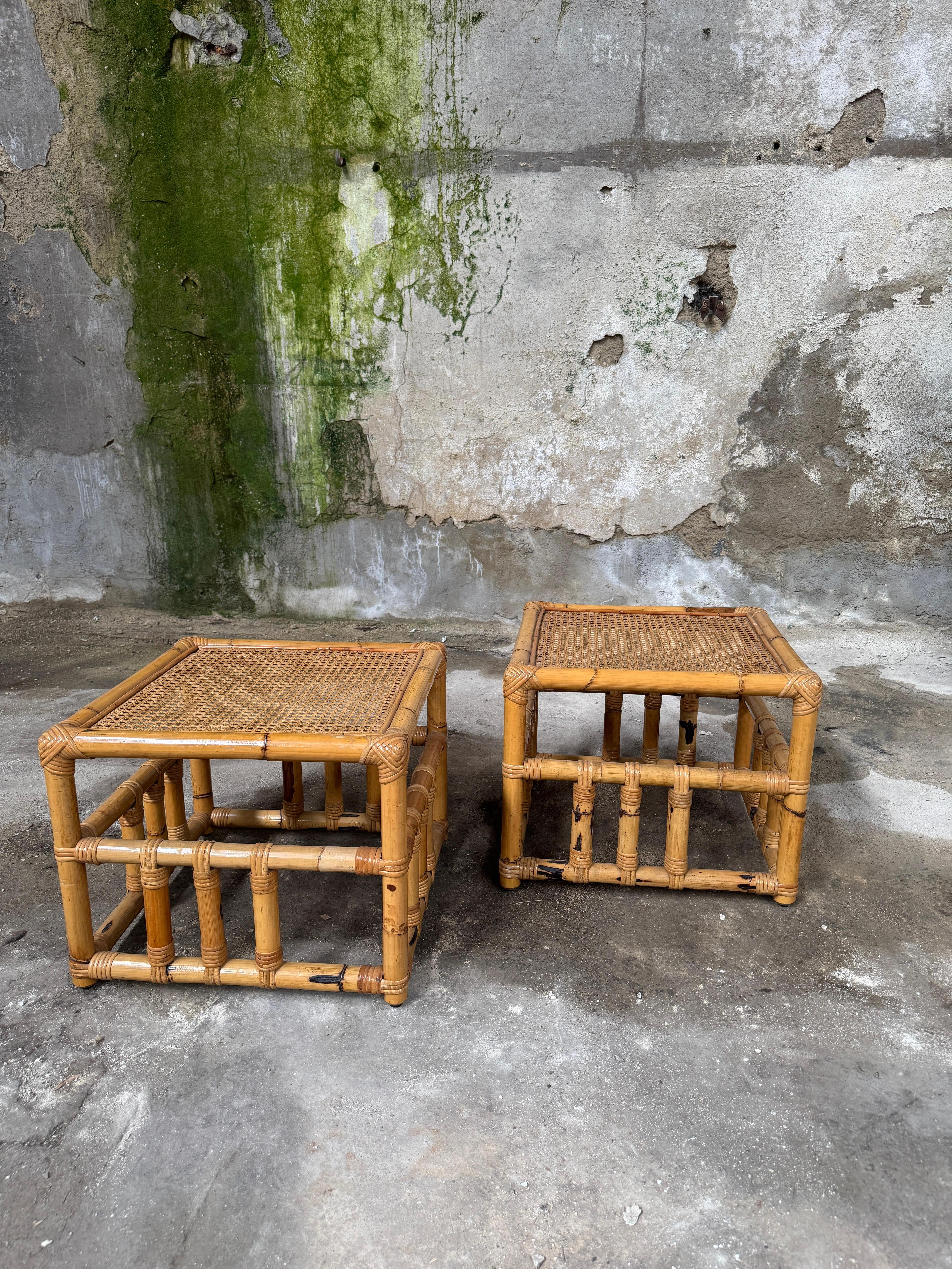 Mid-Century Modern Italian Pair of Bamboo and Rattan Side Table by Vivai del Sud In Good Condition For Sale In Prato, IT