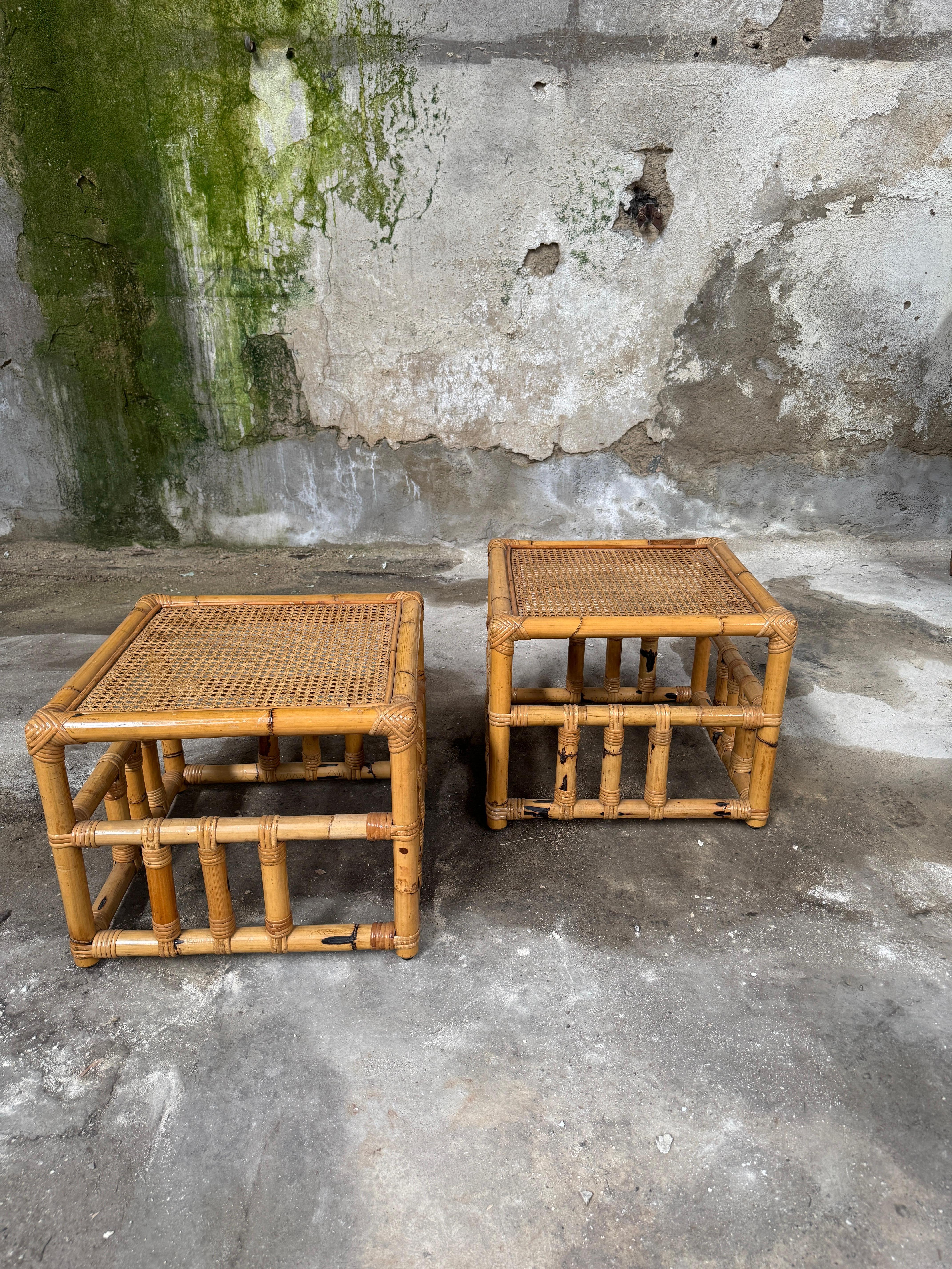 Mid-20th Century Mid-Century Modern Italian Pair of Bamboo and Rattan Side Table by Vivai del Sud For Sale
