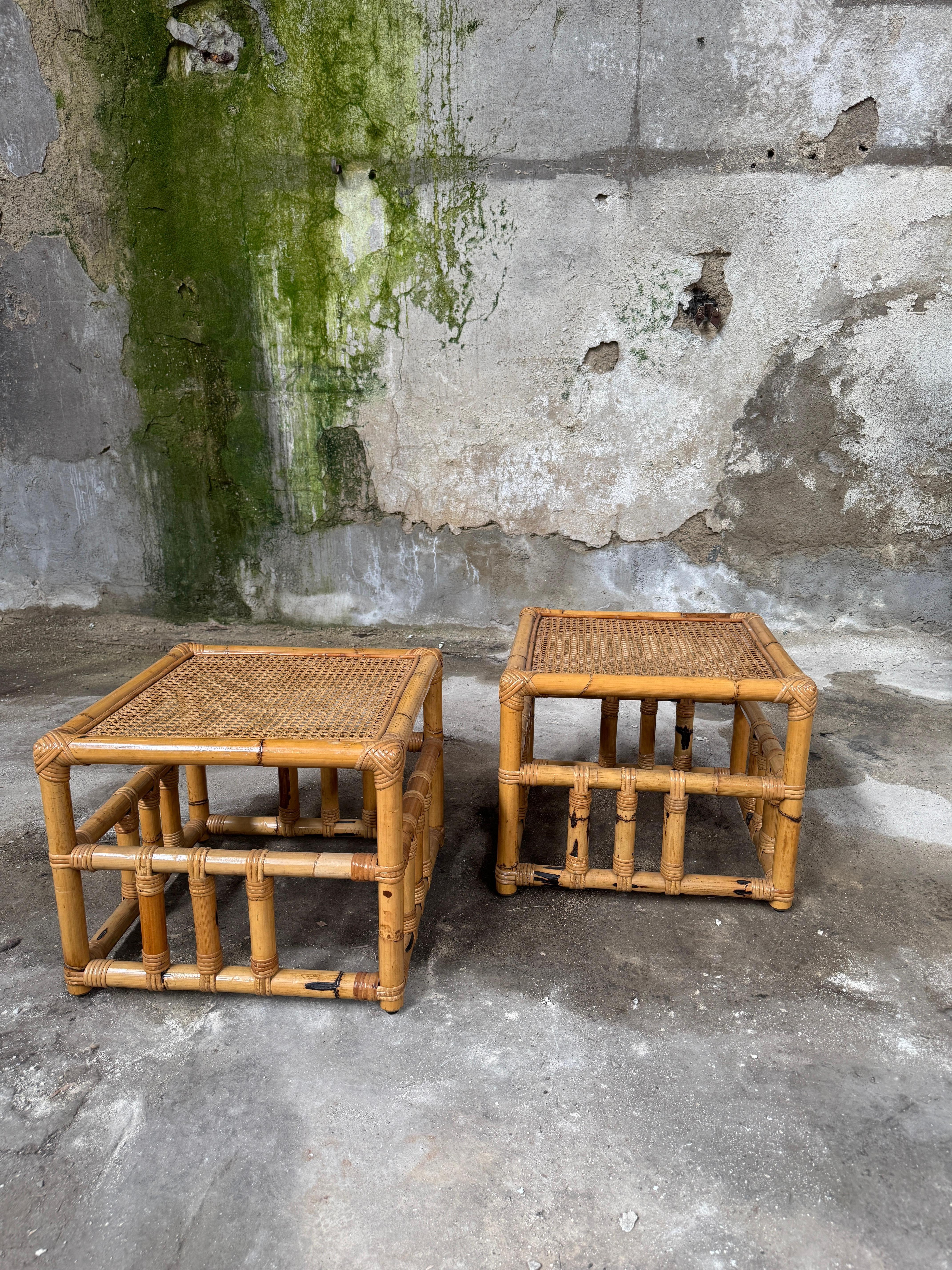 Mid-Century Modern Italian Pair of Bamboo and Rattan Side Table by Vivai del Sud For Sale 1