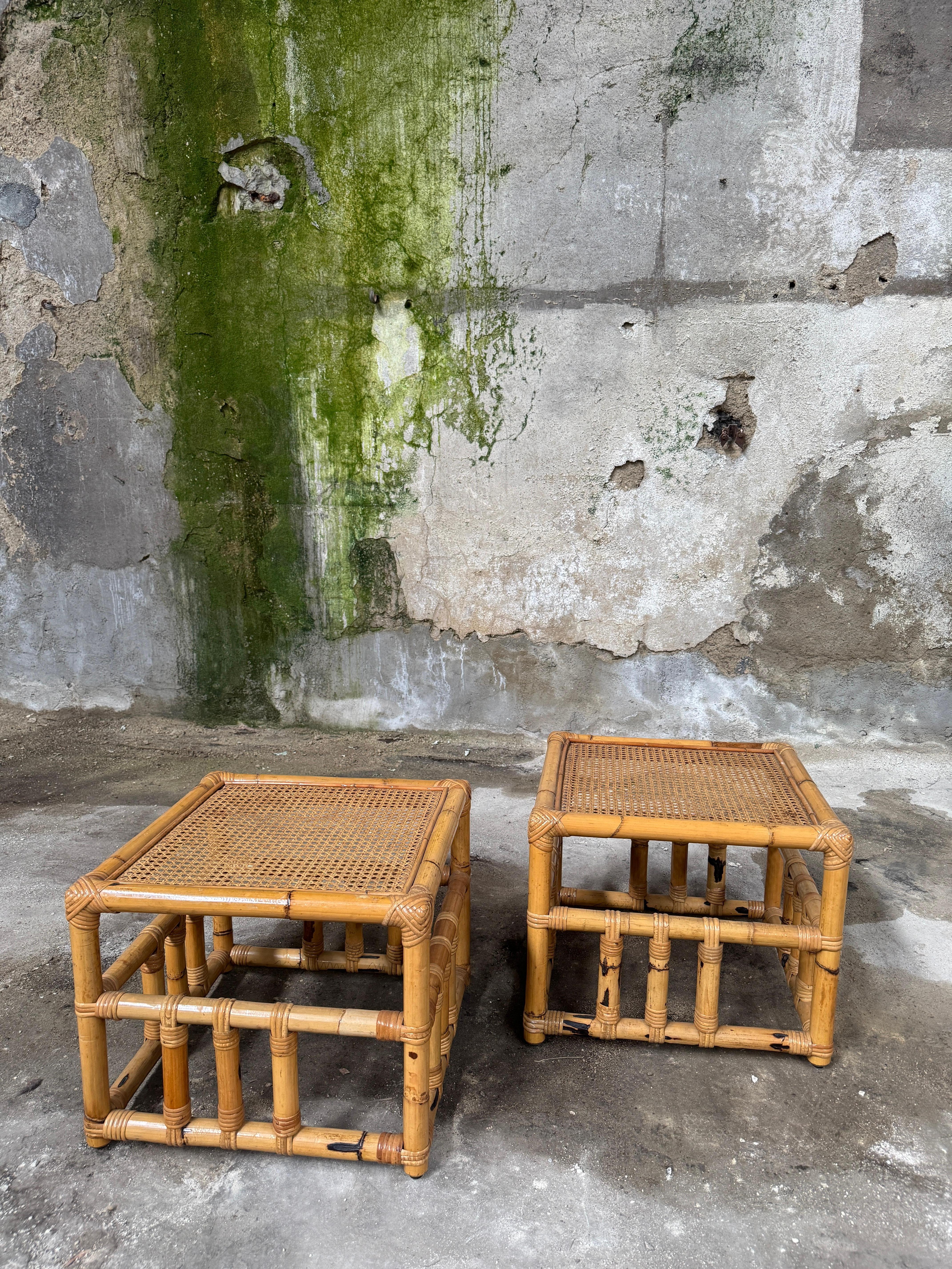 Mid-Century Modern Italian Pair of Bamboo and Rattan Side Table by Vivai del Sud For Sale 2