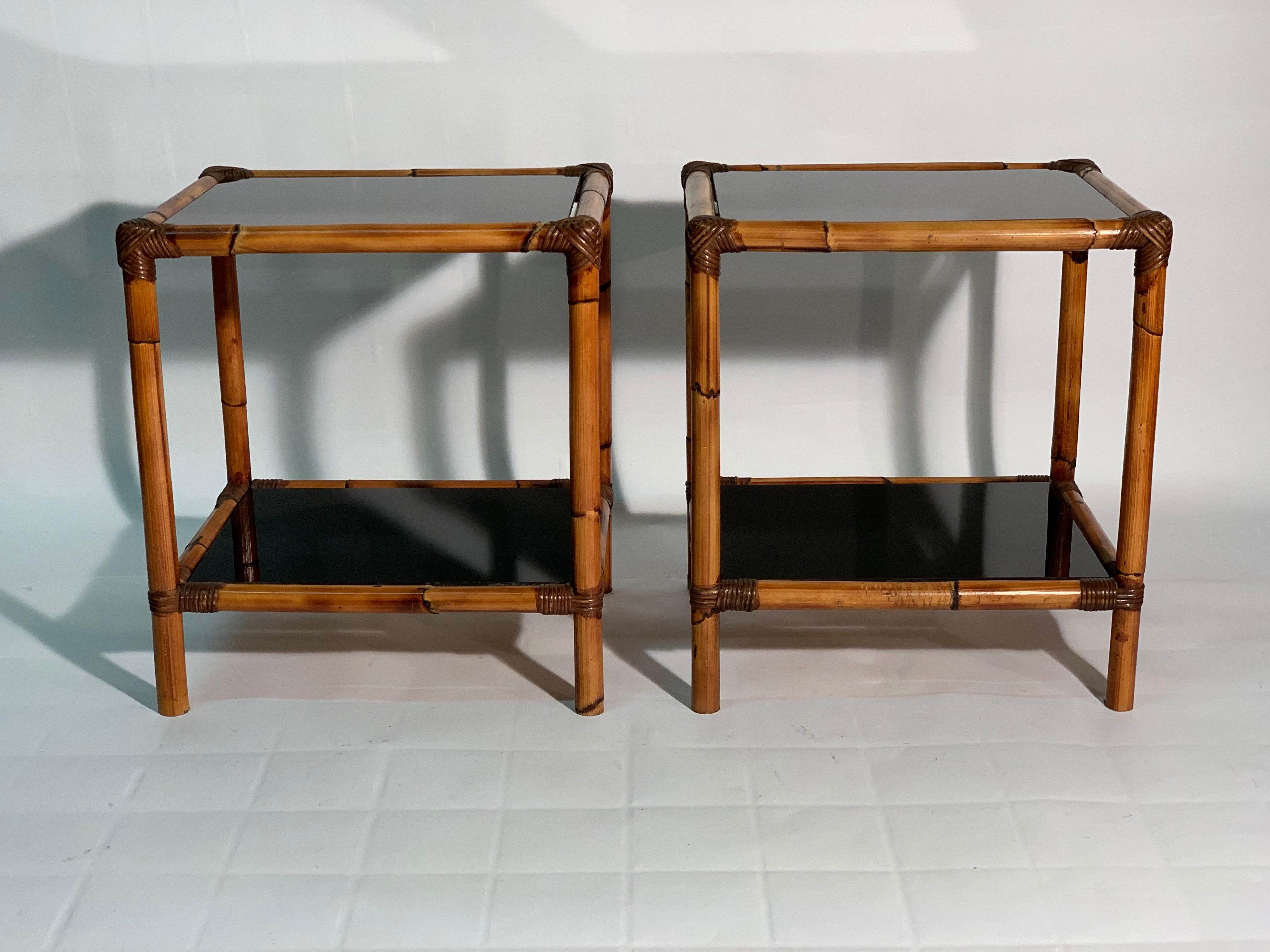 Mid-Century Modern Italian Pair of Bamboo, Rattan and Black Glass In Good Condition In Firenze, Toscana