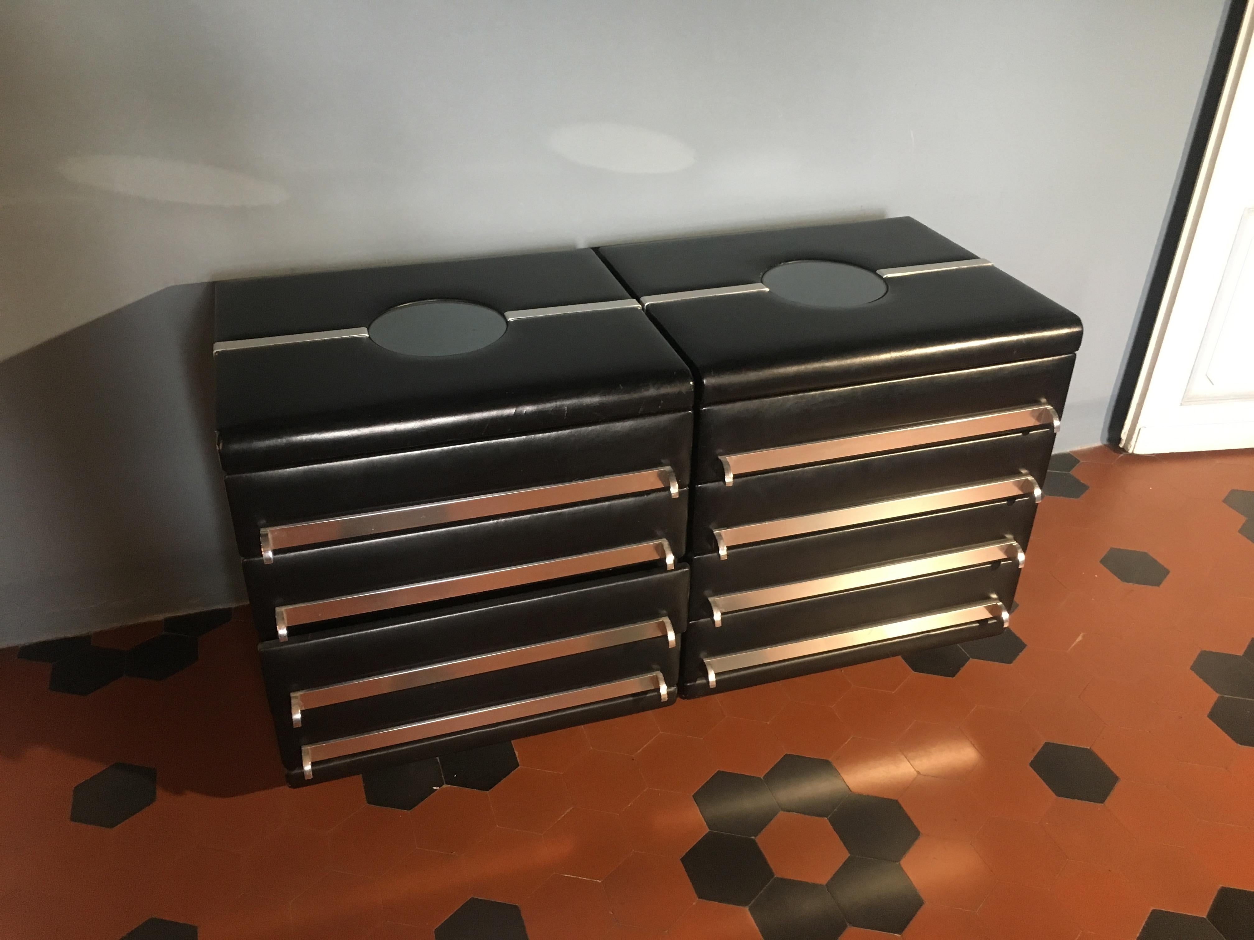 Mid-Century Modern Italian Pair of Black Leather Office Drawers, 1970s In Good Condition In Prato, IT