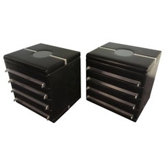 Mid-Century Modern Italian Pair of Black Leather Office Drawers, 1970s