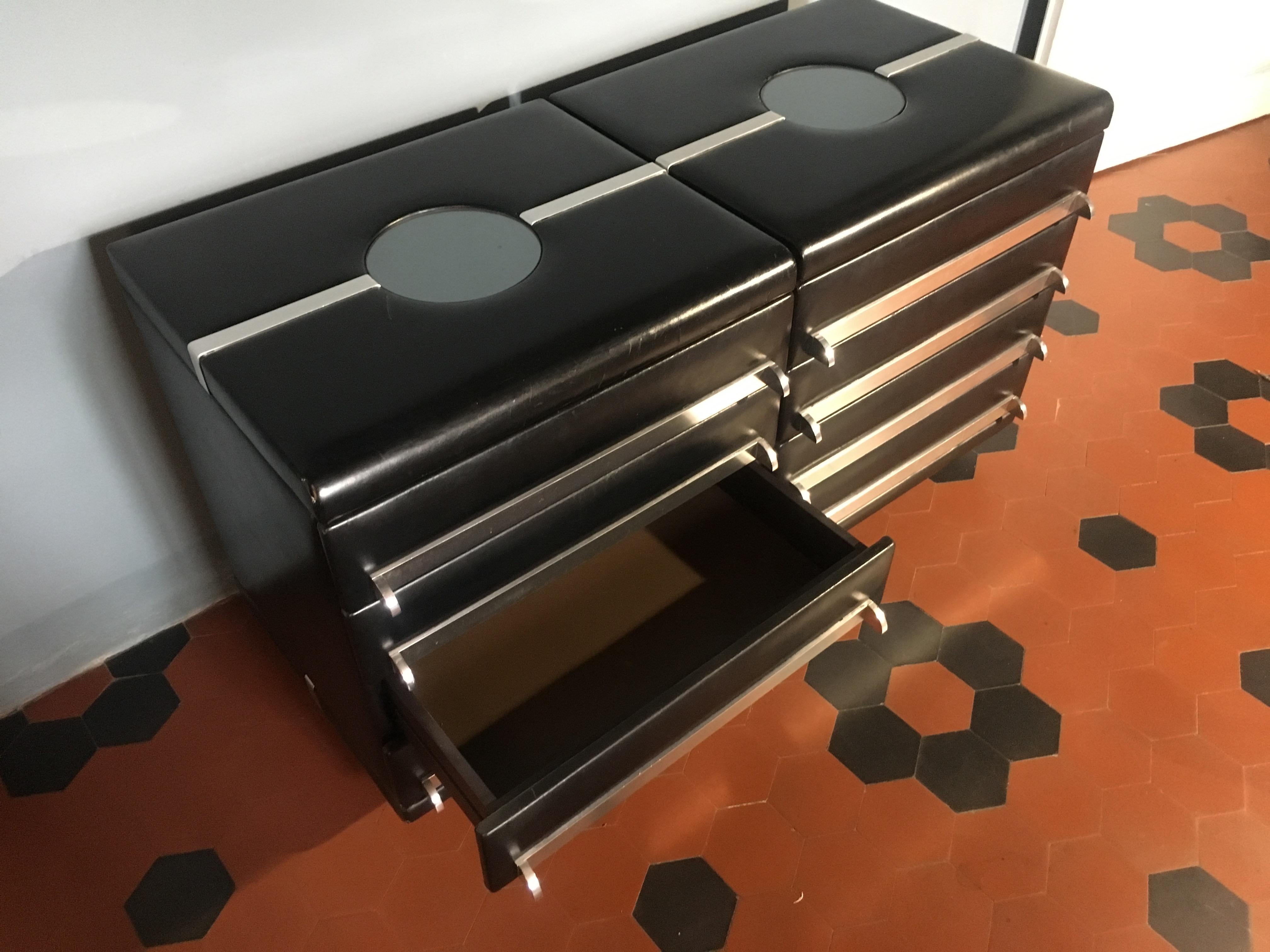 Late 20th Century Mid-Century Modern Italian Pair of Black Leather Office Drawers