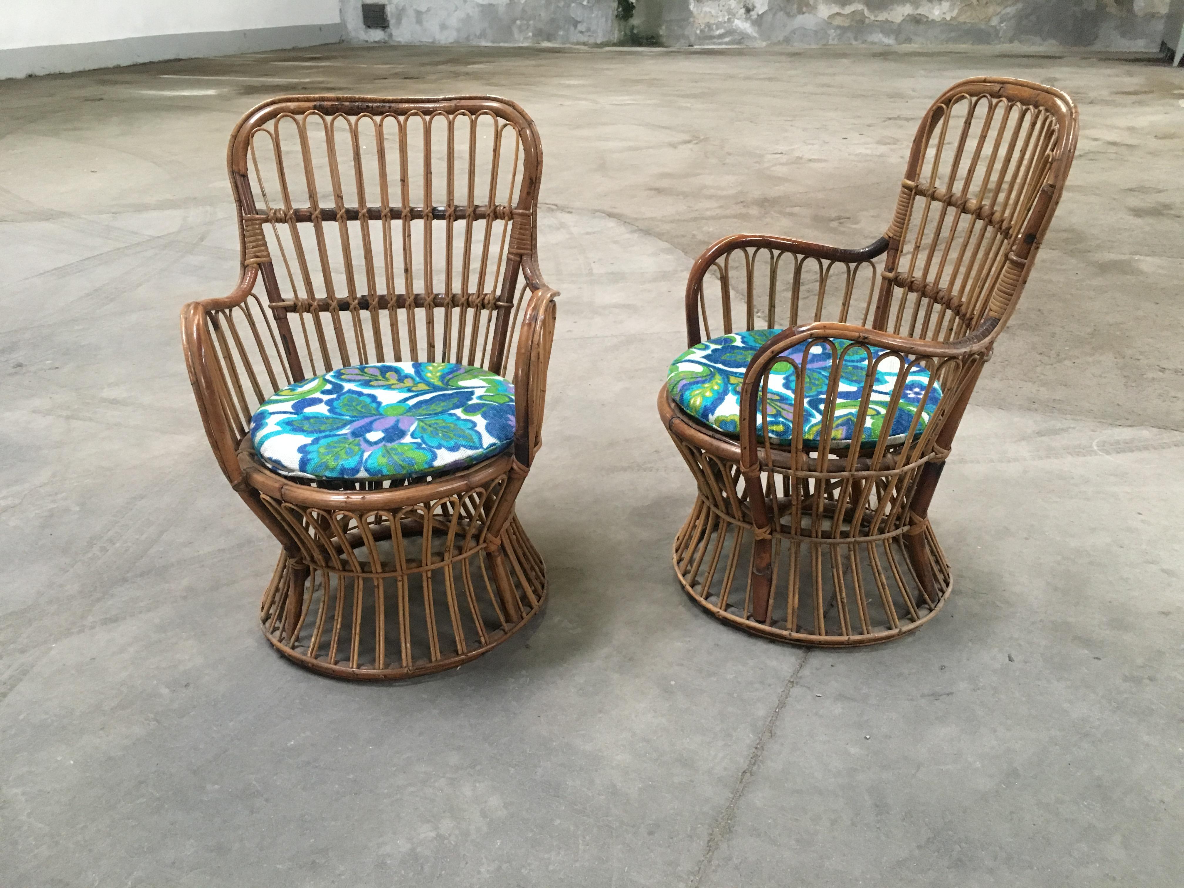 Mid-Century Modern Italian pair of rattan armchairs by Bonacina, 1960s.
