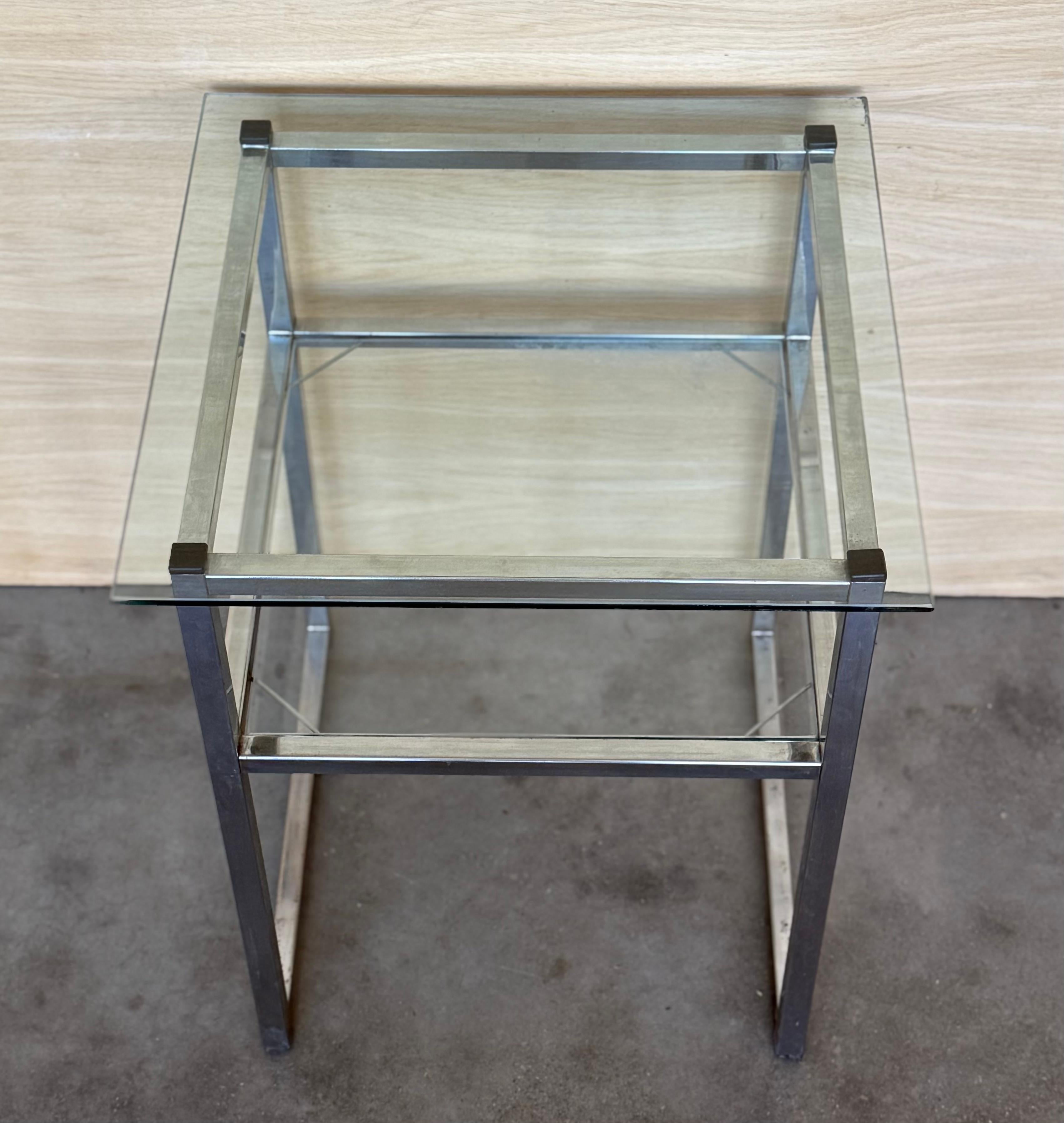 Glass Mid Century Modern Italian Pair of Chrome Side Tables, circa 1970 For Sale