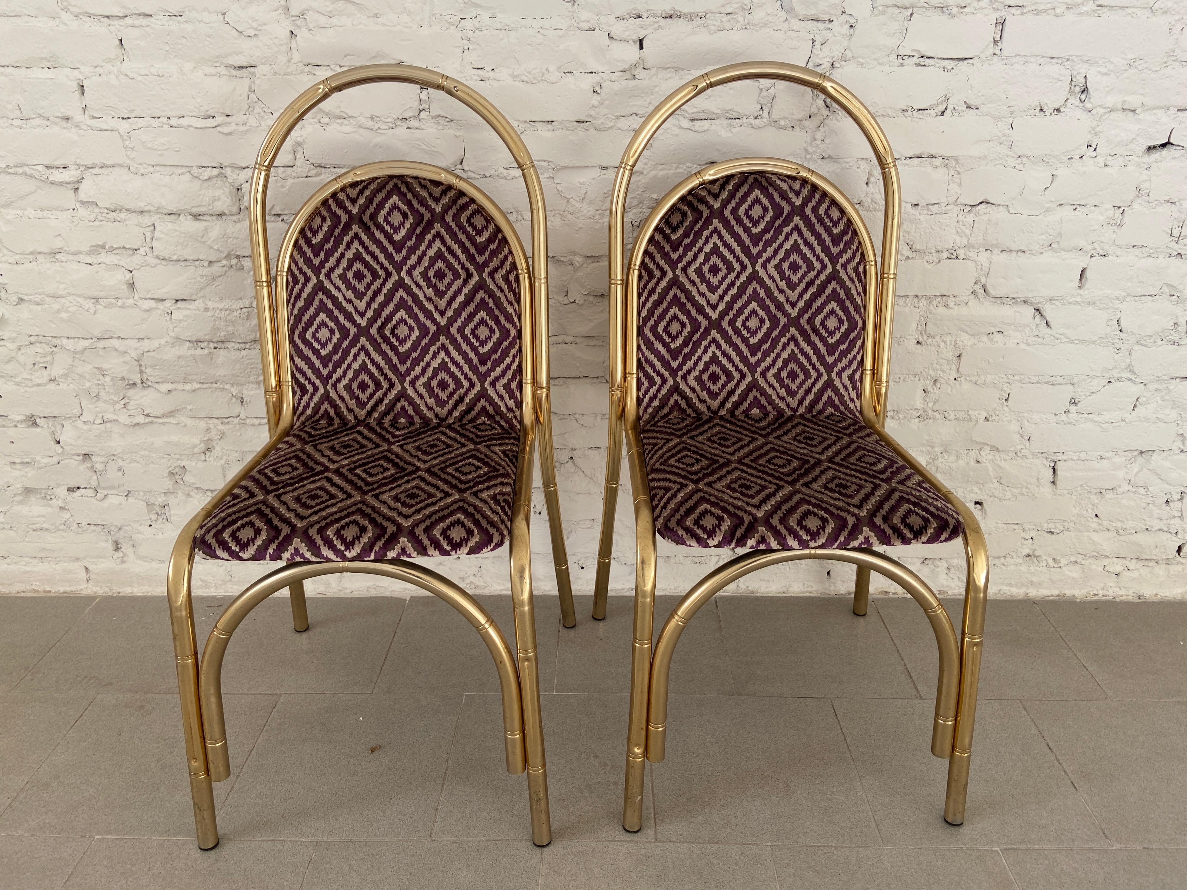 Mid-Century Modern Italian pair of faux bamboo gilt metal chairs reupholstered with original vintage velvet fabric from 1970s.