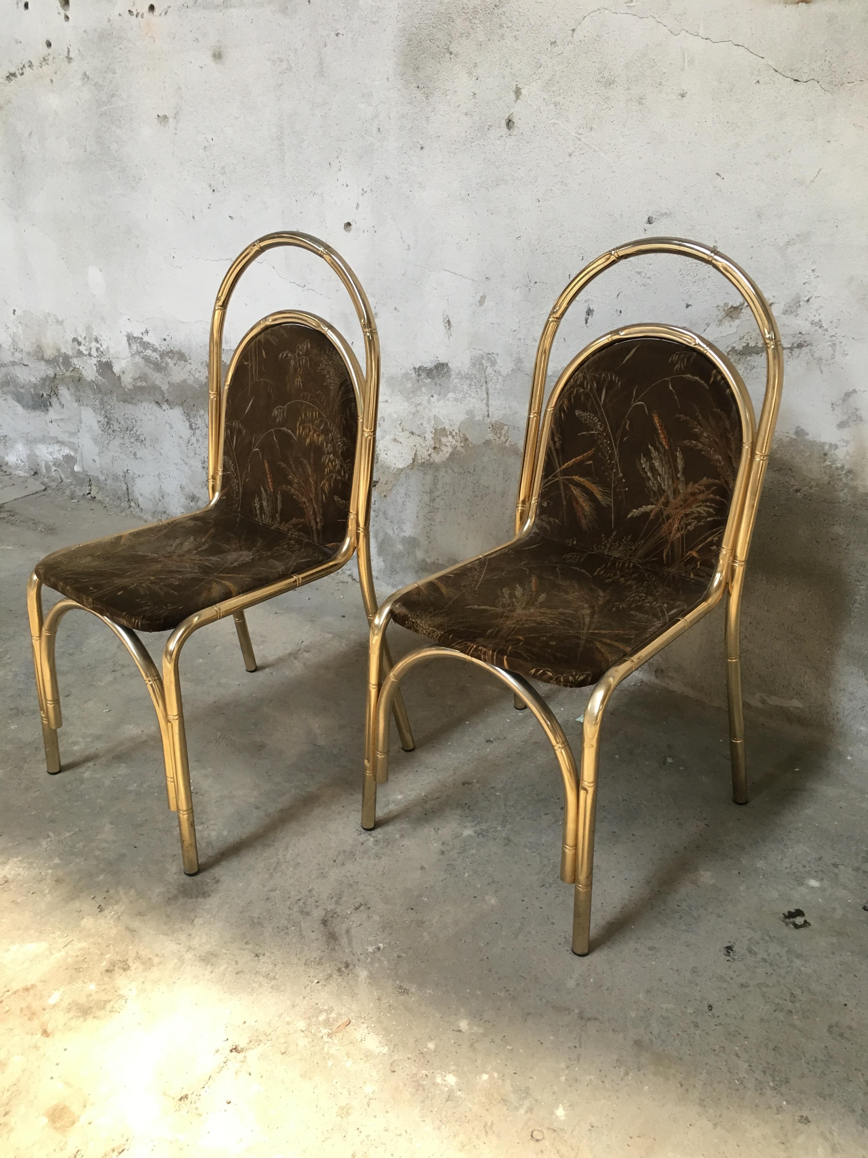 Mid-Century Modern Italian Pair of Faux Bamboo Gilt Metal Chairs, 1970s In Good Condition In Prato, IT