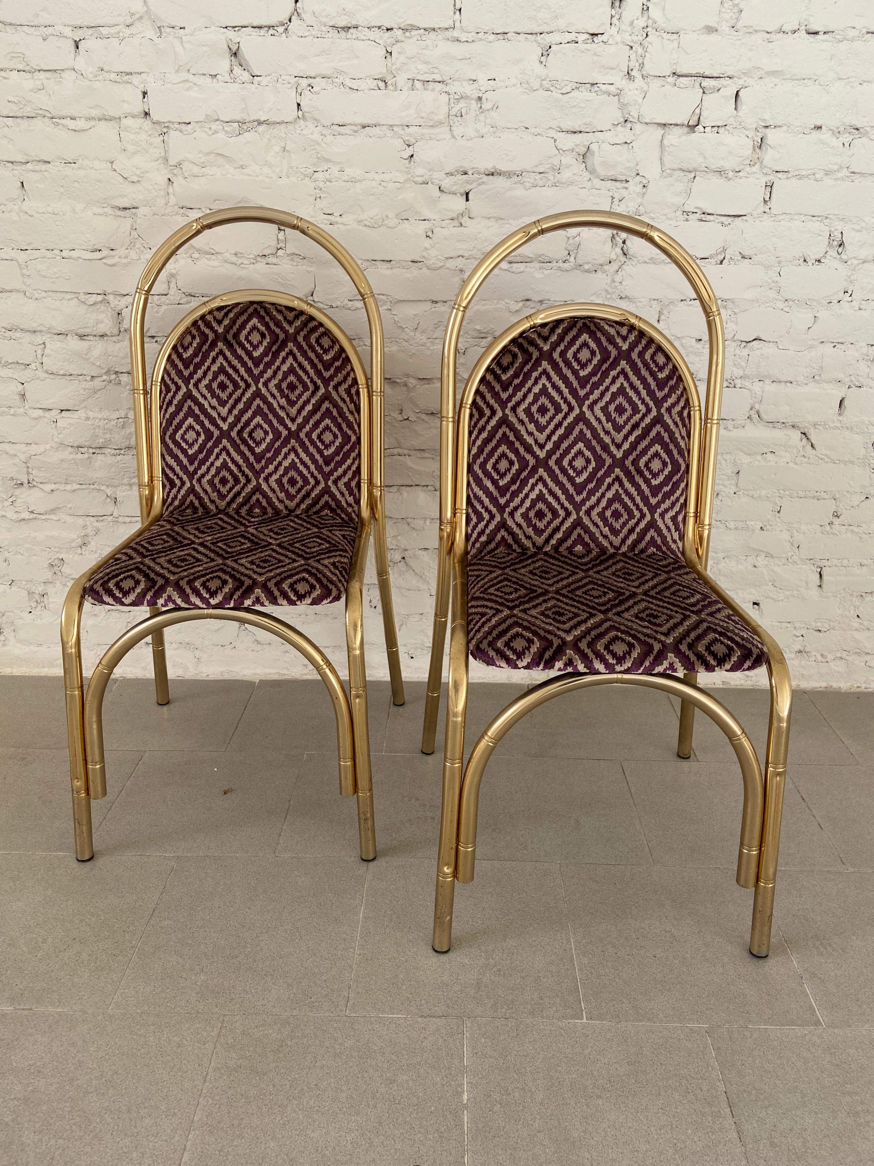 Late 20th Century Mid-Century Modern Italian Pair of Faux Bamboo Gilt Metal Chairs, 1970s