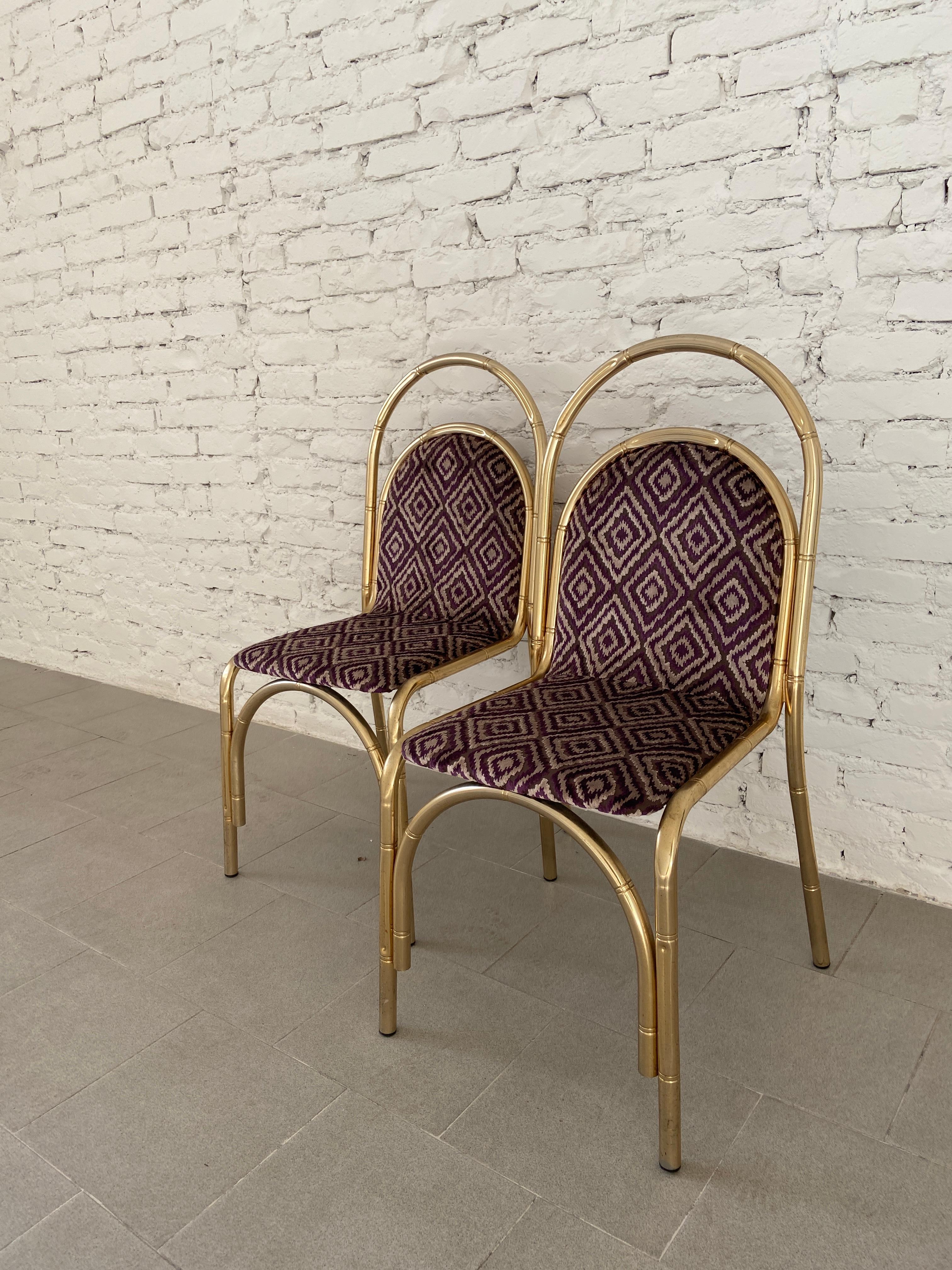 Fabric Mid-Century Modern Italian Pair of Faux Bamboo Gilt Metal Chairs, 1970s