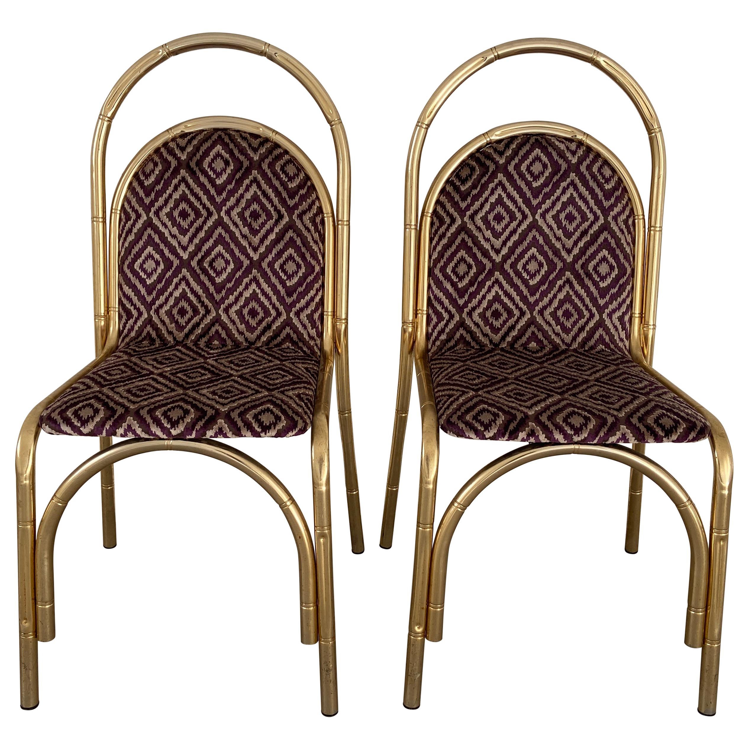 Mid-Century Modern Italian Pair of Faux Bamboo Gilt Metal Chairs, 1970s