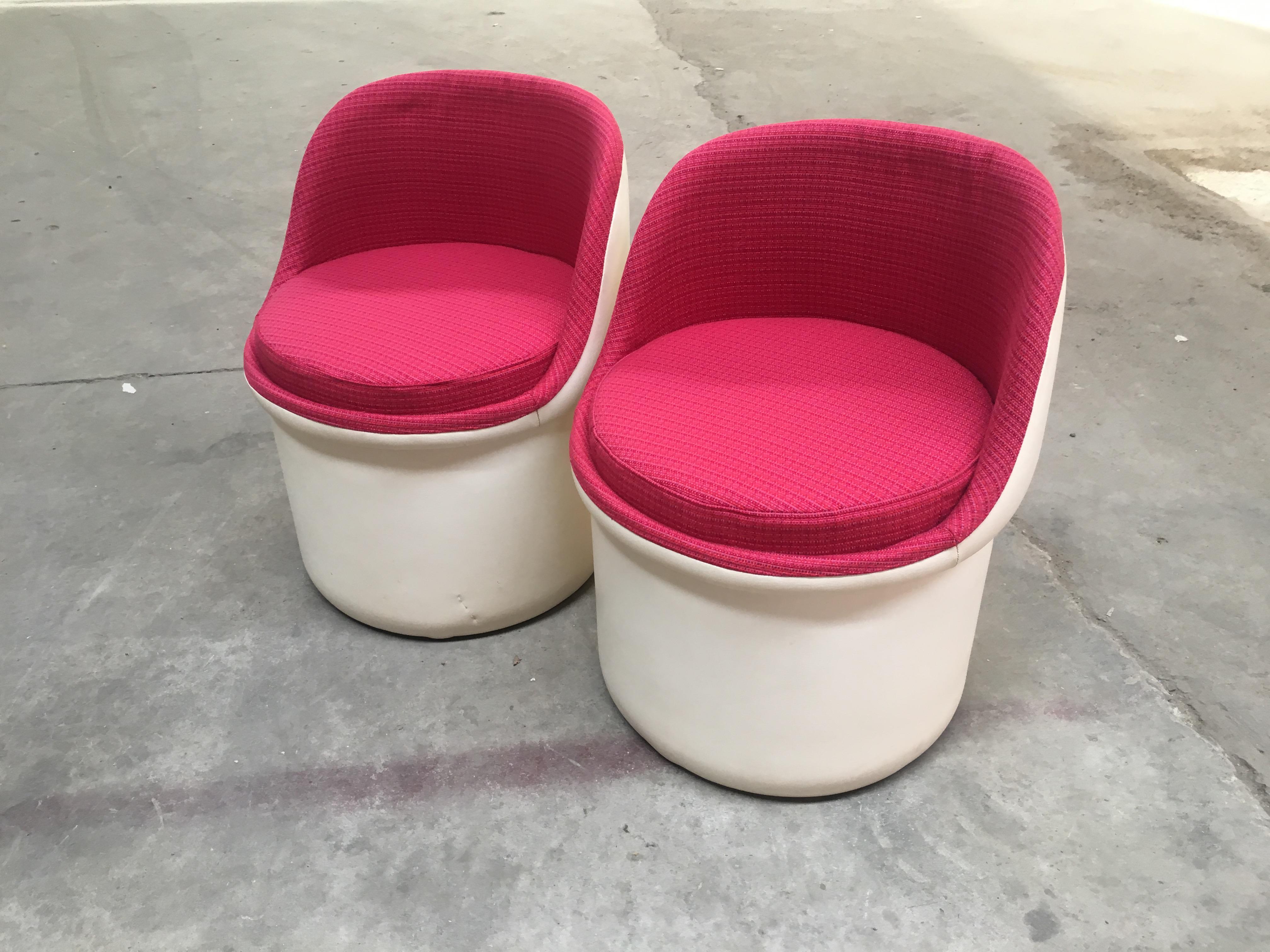 Mid-Century Modern Italian pair of faux leather and fabric little armchairs or poufs.
The armchairs have been reupholstered using a vintage Rubelli fabric from seventies.
 